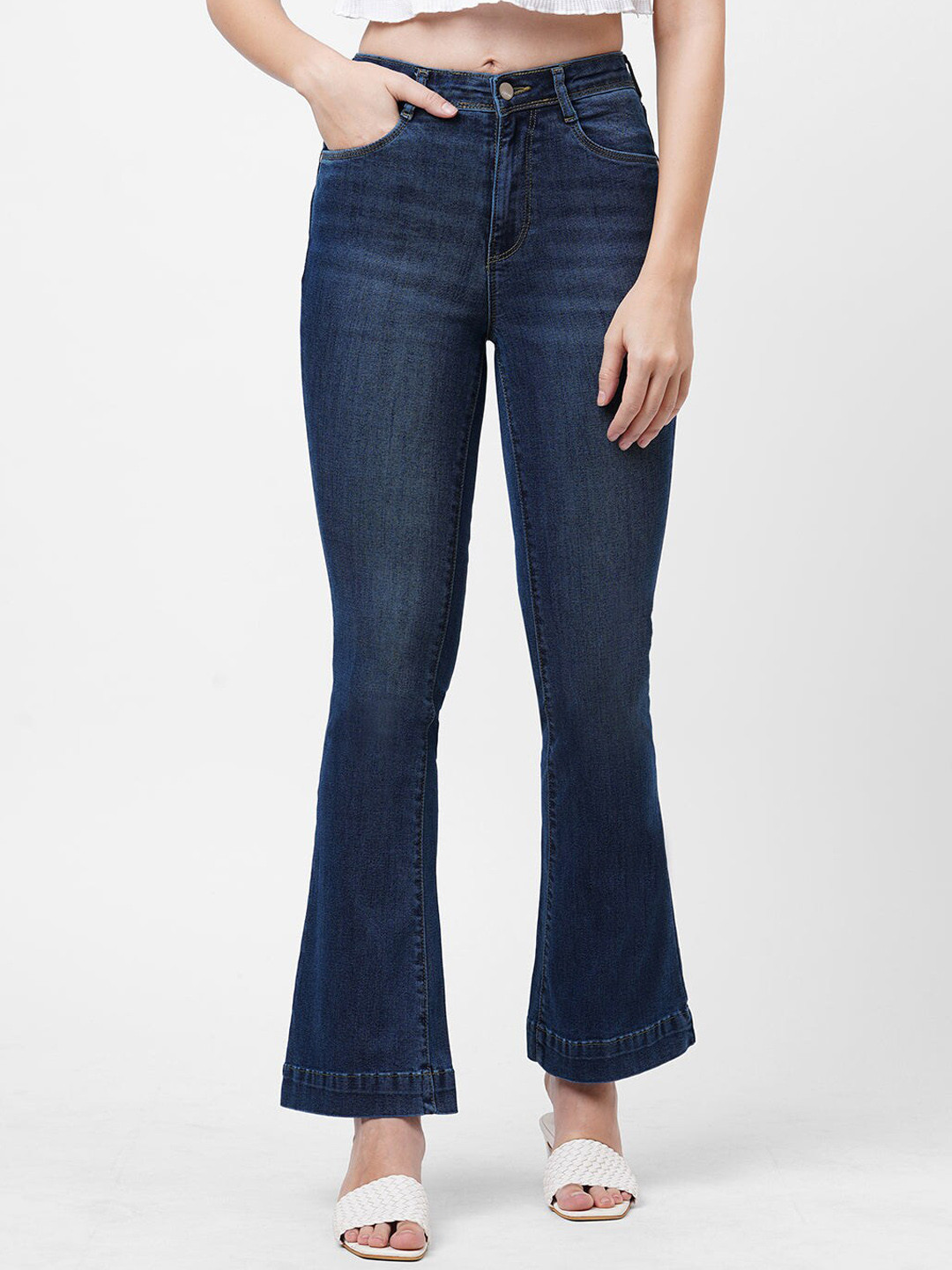 

Kraus Jeans Women Flared High-Rise Light Fade Stretchable Jeans, Blue