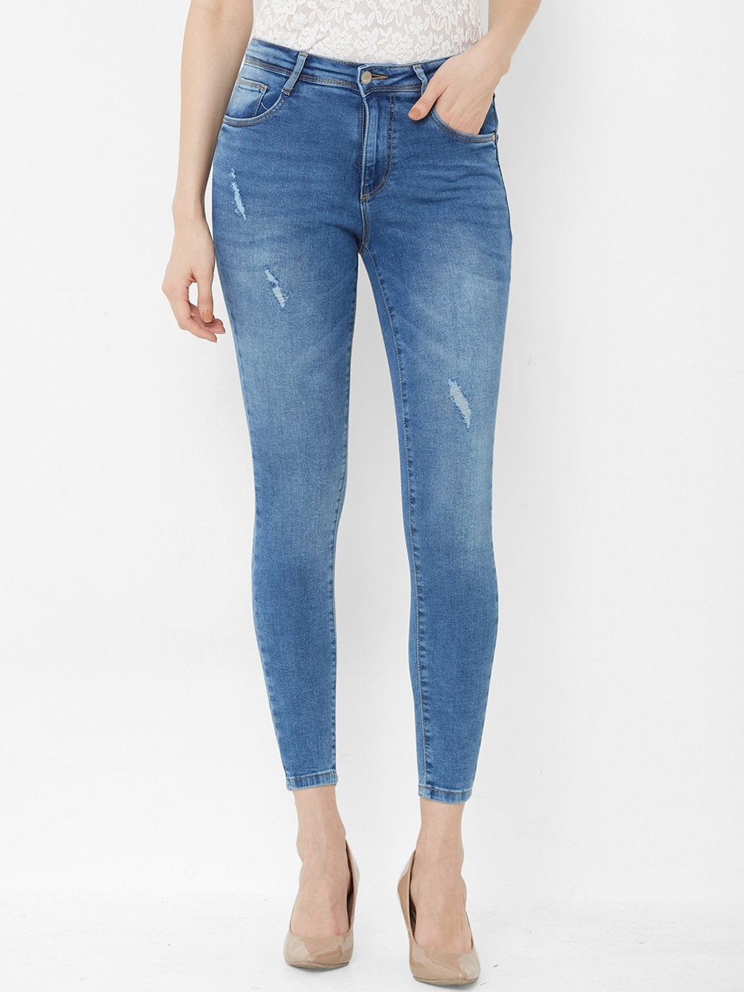 

Kraus Jeans Women Skinny Fit Low Distress Heavy Fade Stretchable Jeans, Blue