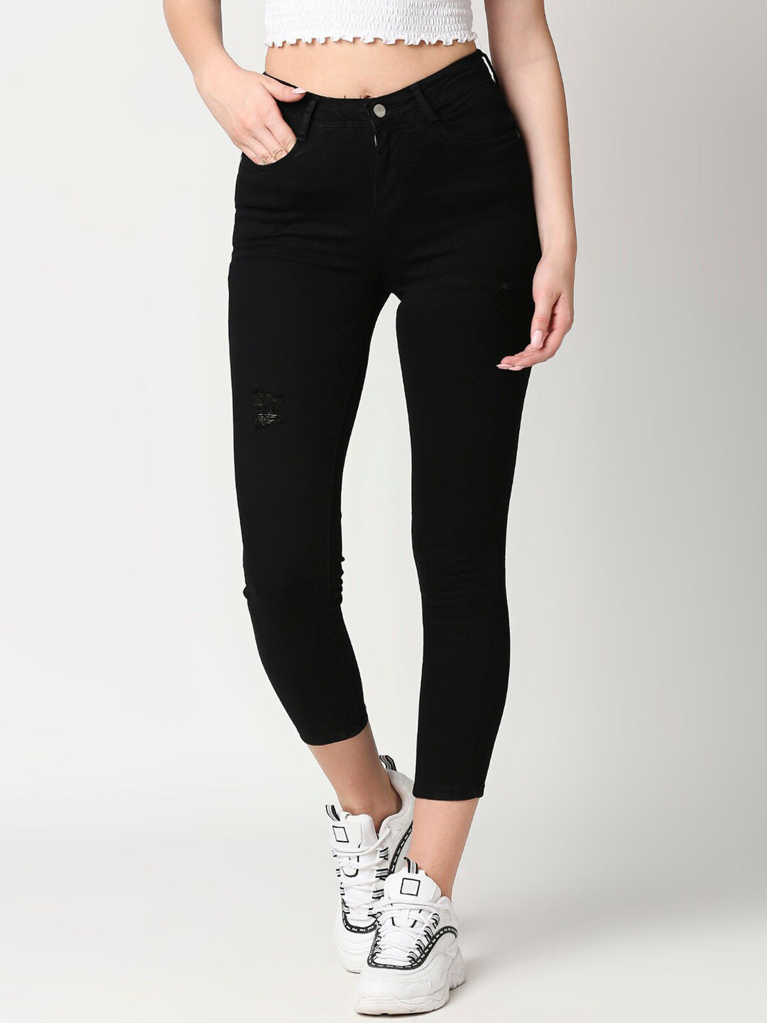 

Kraus Jeans Women Skinny Fit Low Distress Stretchable Jeans, Black