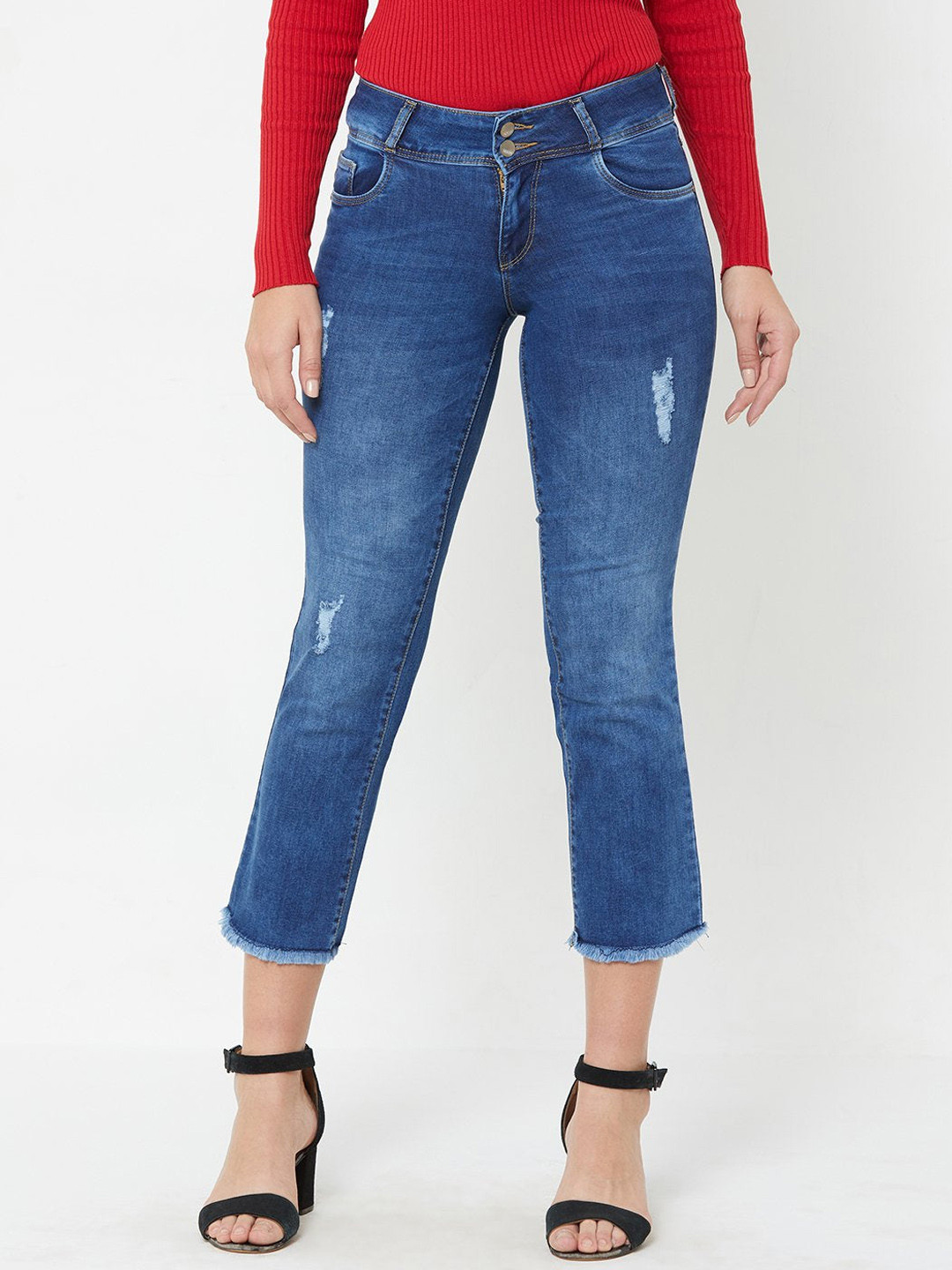 

Kraus Jeans Women Flared High-Rise Low Distress Light Fade Strecthable Jeans, Blue