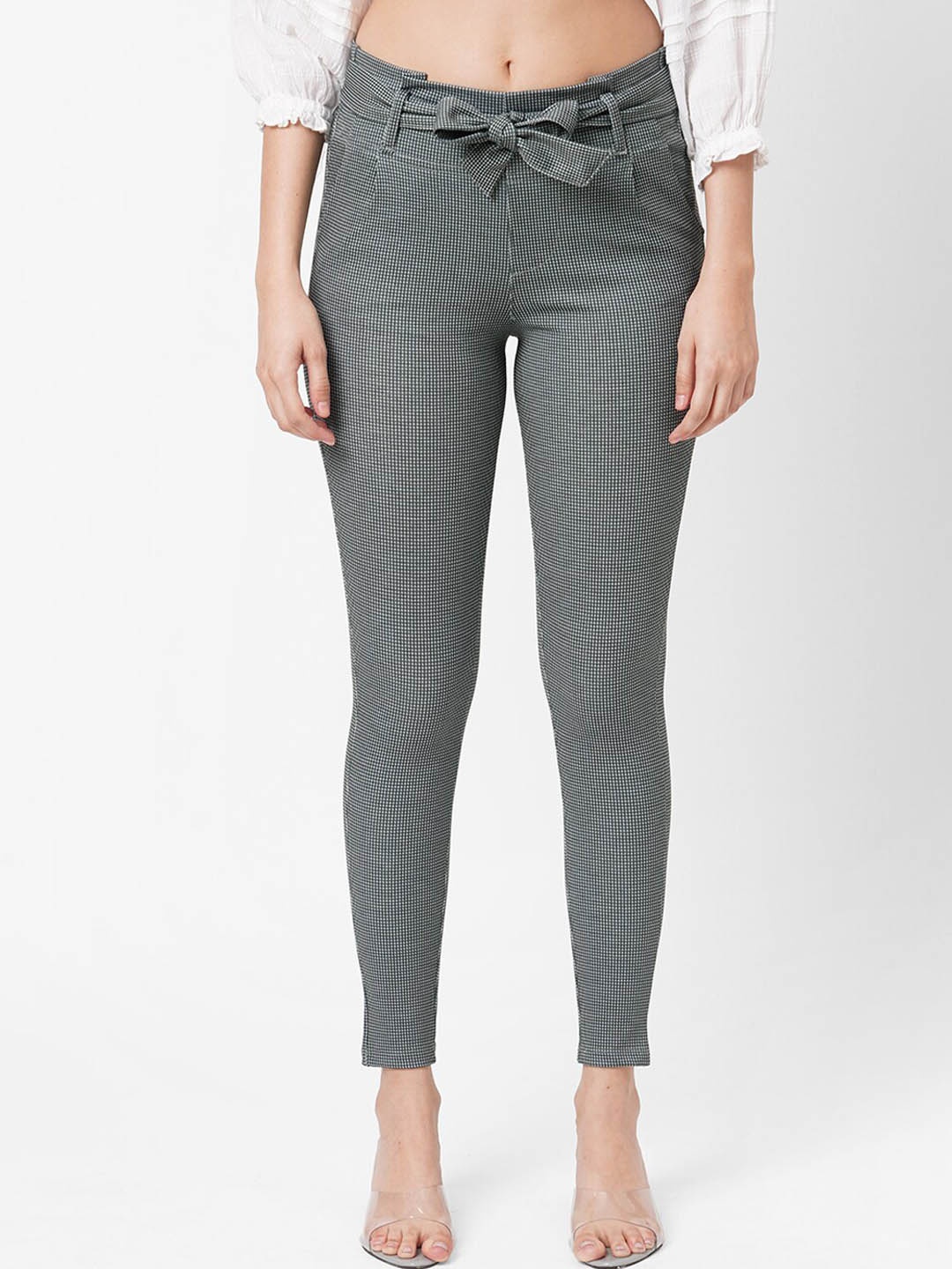 

Kraus Jeans Women Striped Skinny Fit High-Rise Trousers, Grey