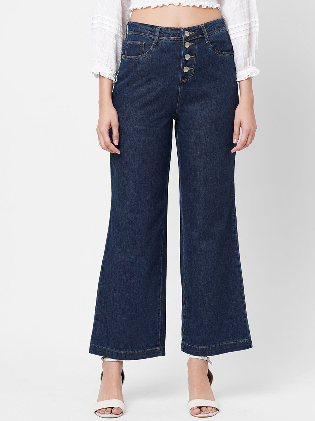 

Kraus Women Wide Leg High-Rise Stretchable Casual Cropped Cotton Jeans, Blue