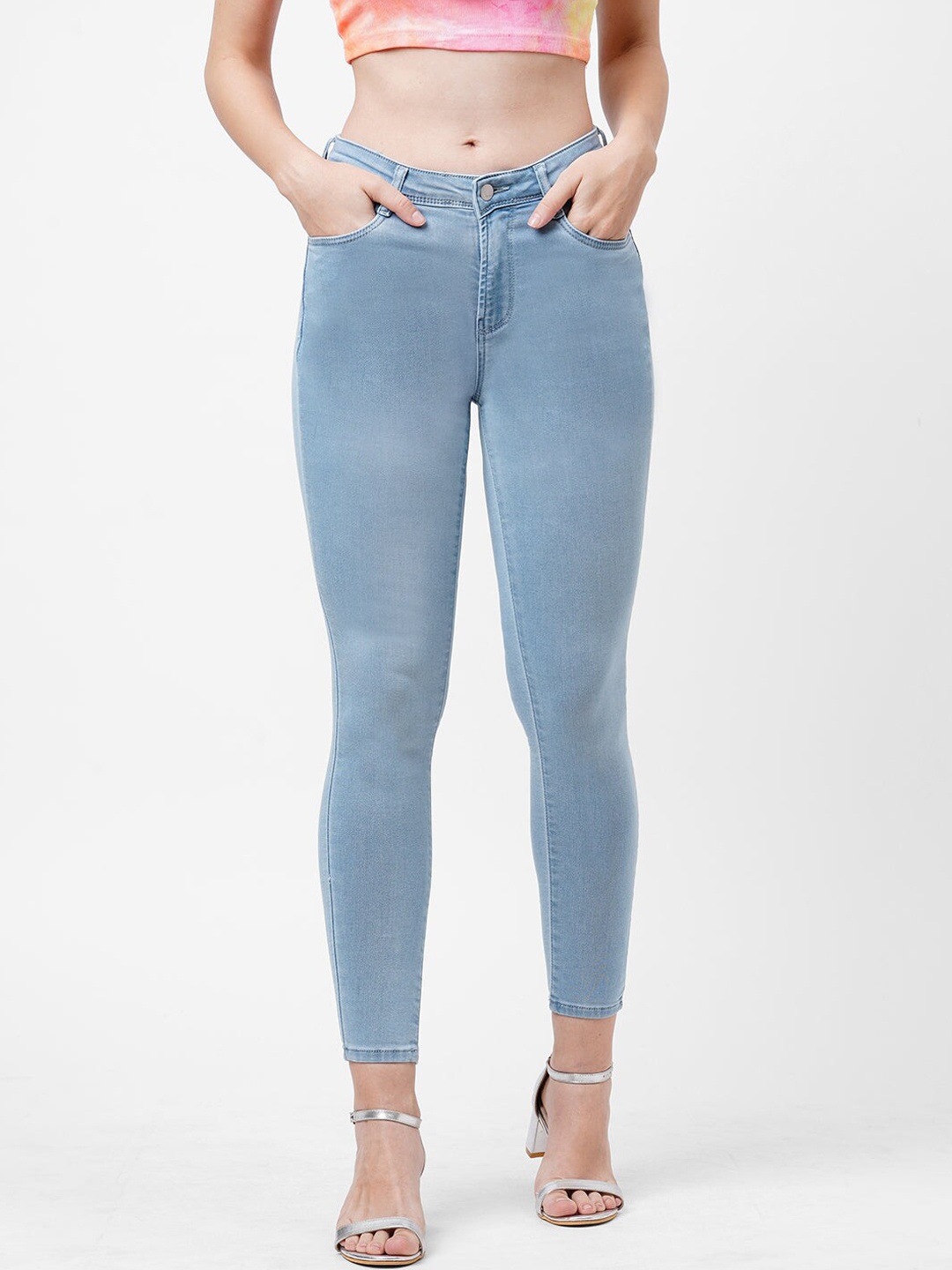 

Kraus Women Skinny Fit High-Rise Heavy Fade Stretchable Casual Cropped Cotton Jeans, Blue