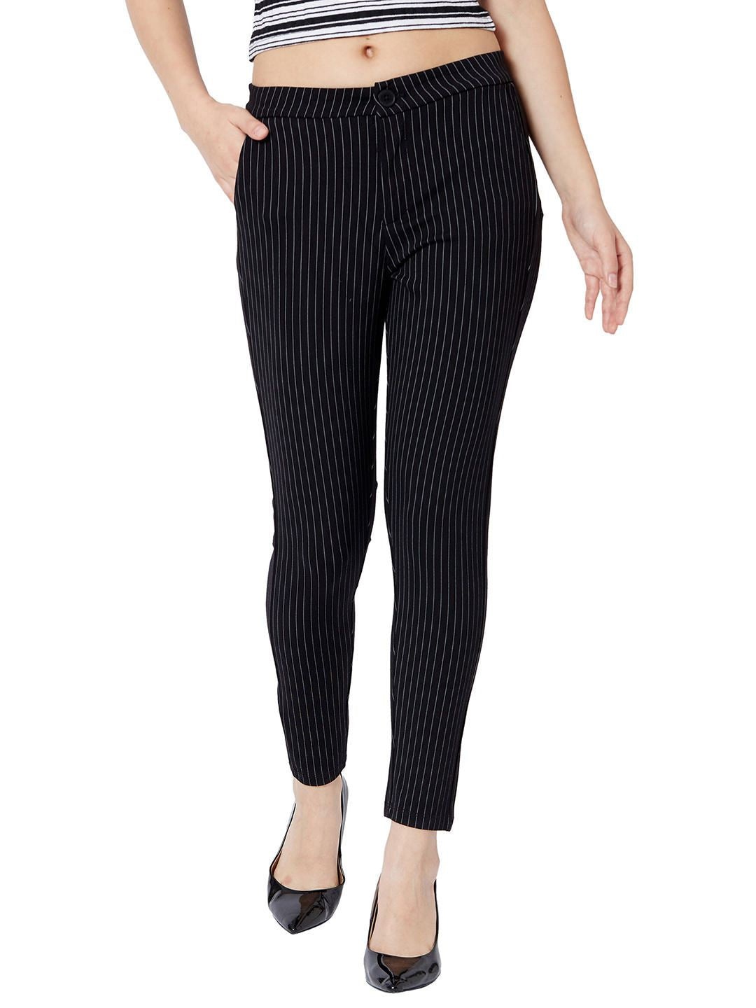 

Kraus Jeans Women Striped Skinny Fit Treggings, Black