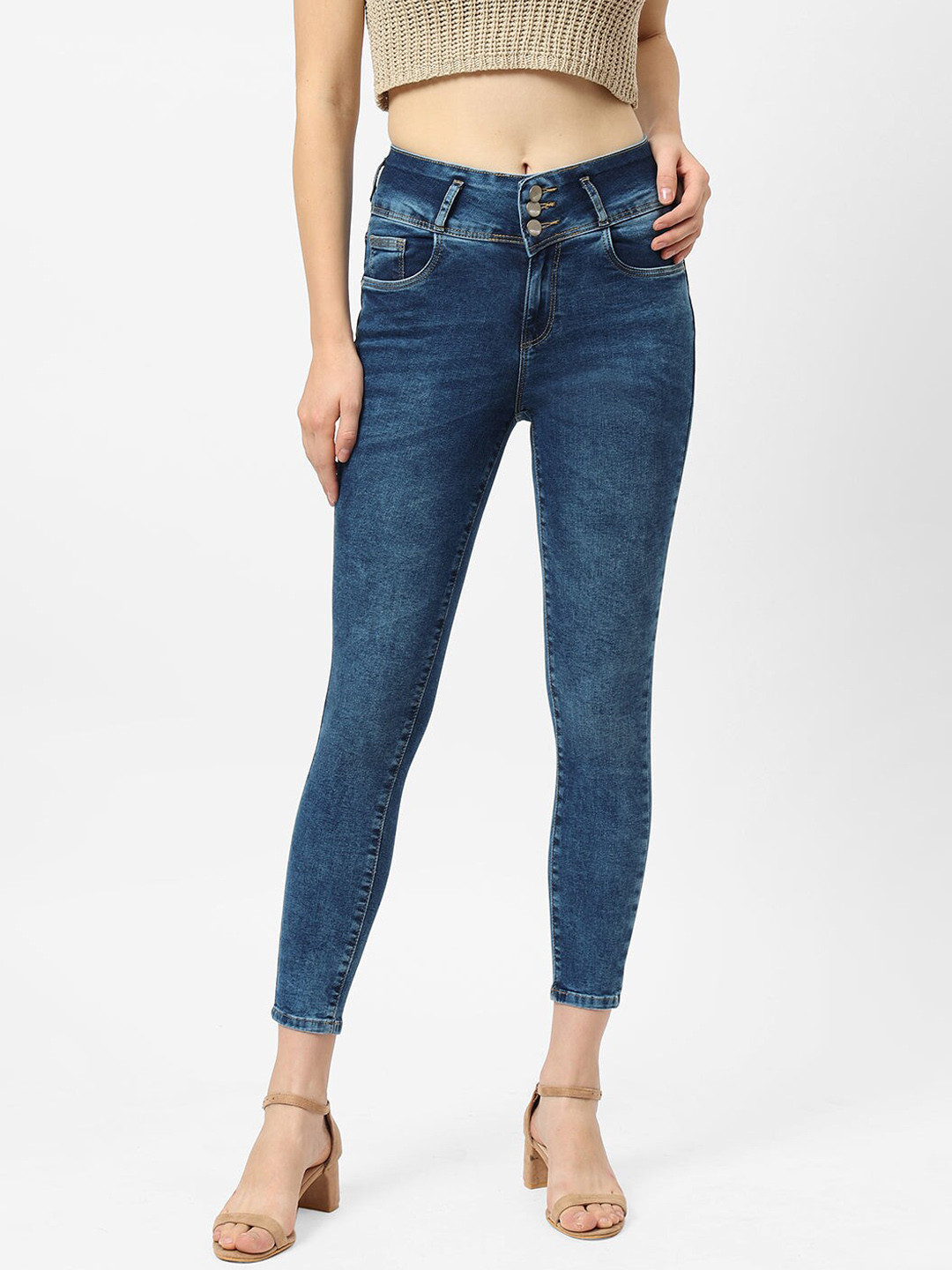 

Kraus Women Skinny Fit High-Rise Light Fade Stretchable Casual Cropped Cotton Jeans, Blue