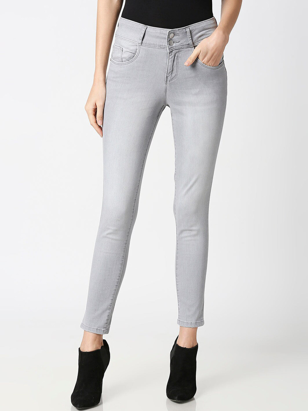 

Kraus Women Skinny Fit High-Rise Heavy Fade Stretchable Casual Cropped Cotton Jeans, Grey
