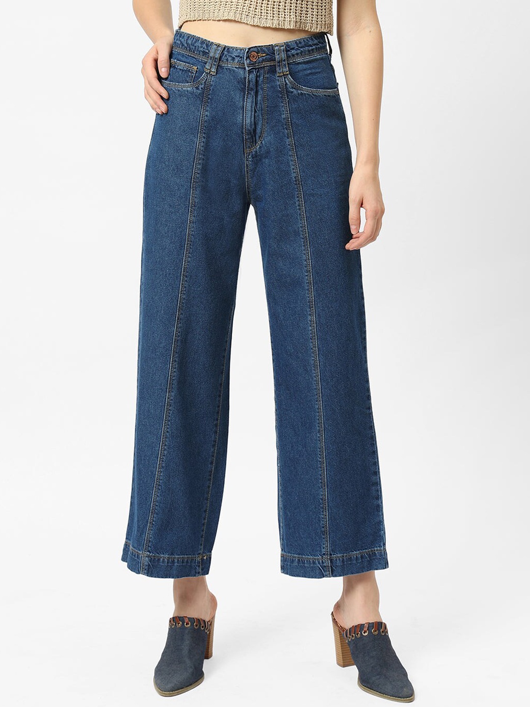 

Kraus Women Wide Leg High-Rise Stretchable Casual Cropped Cotton Jeans, Blue