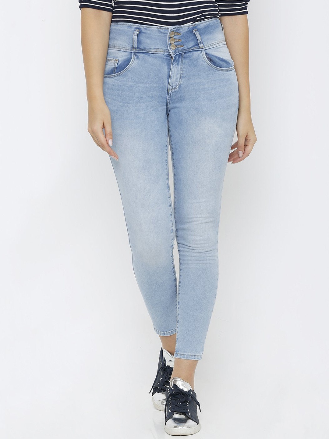 

Kraus Women Skinny Fit High-Rise Heavy Fade Casual Cropped Cotton Jeans, Blue