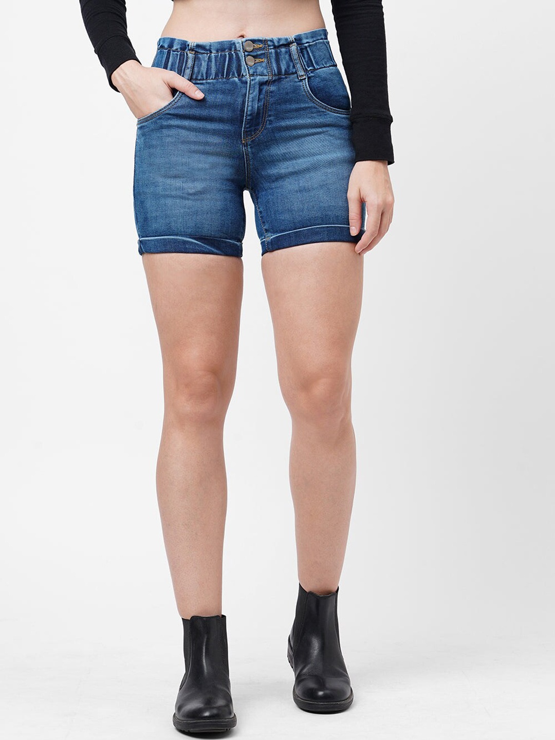 

Kraus Jeans Women Washed Slim Fit High-Rise Denim Shorts, Blue