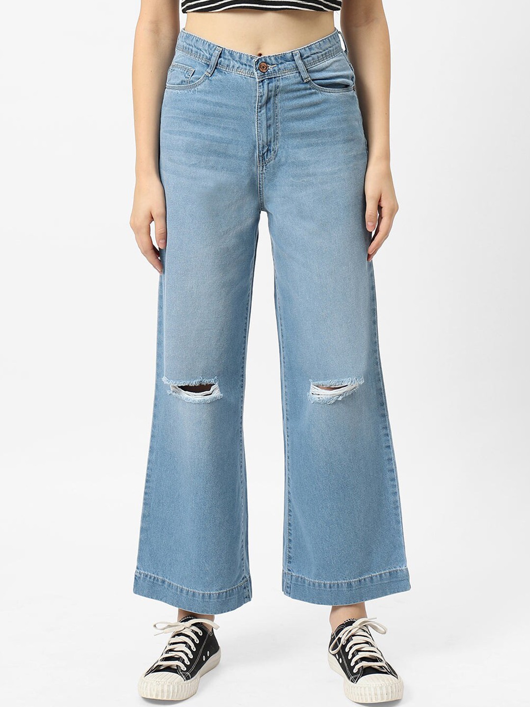 

Kraus Jeans Women Blue Wide Leg High-Rise Slash Knee Light Fade Jeans