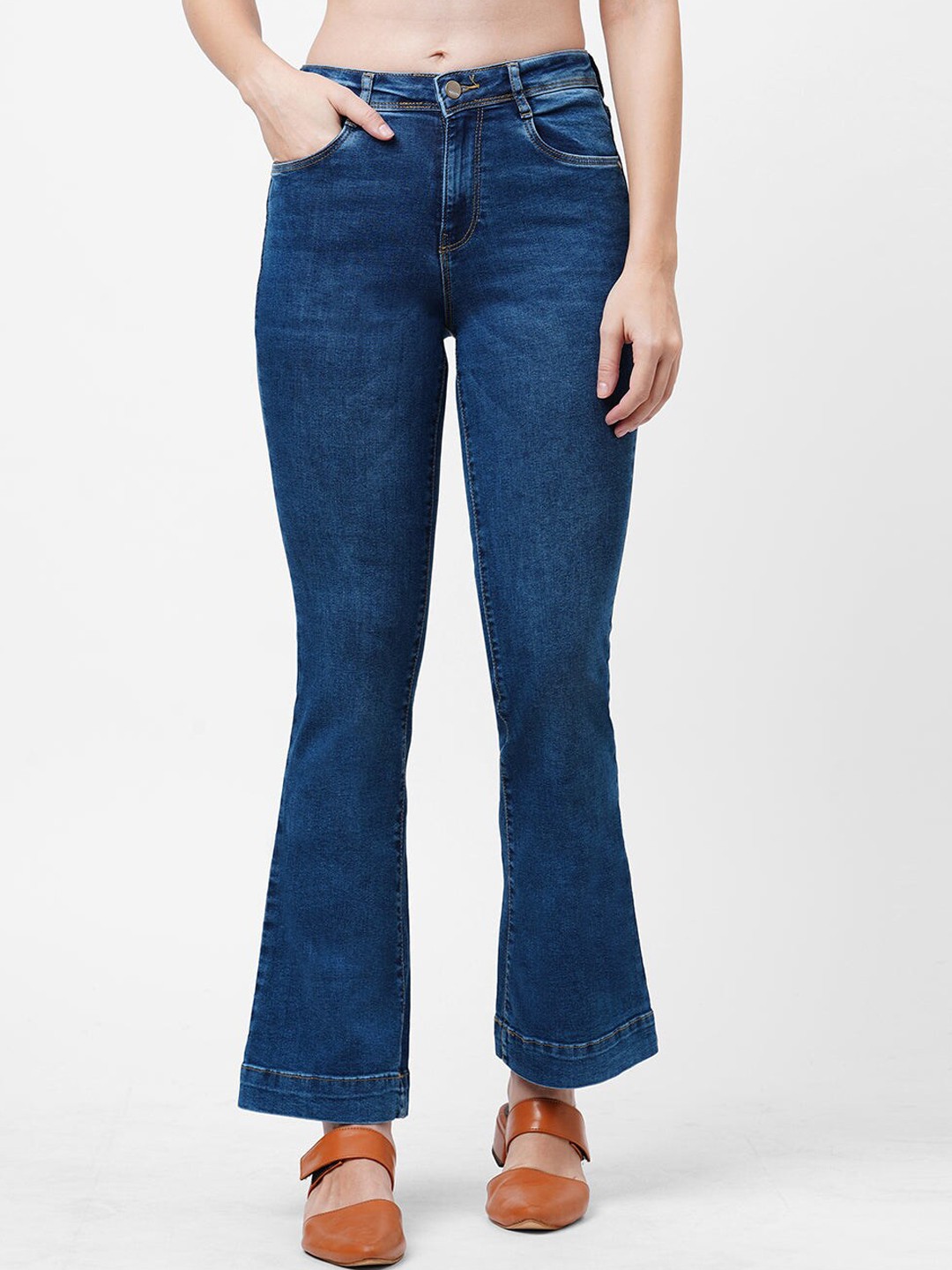 

Kraus Jeans Women Blue Flared High-Rise Light Fade Jeans