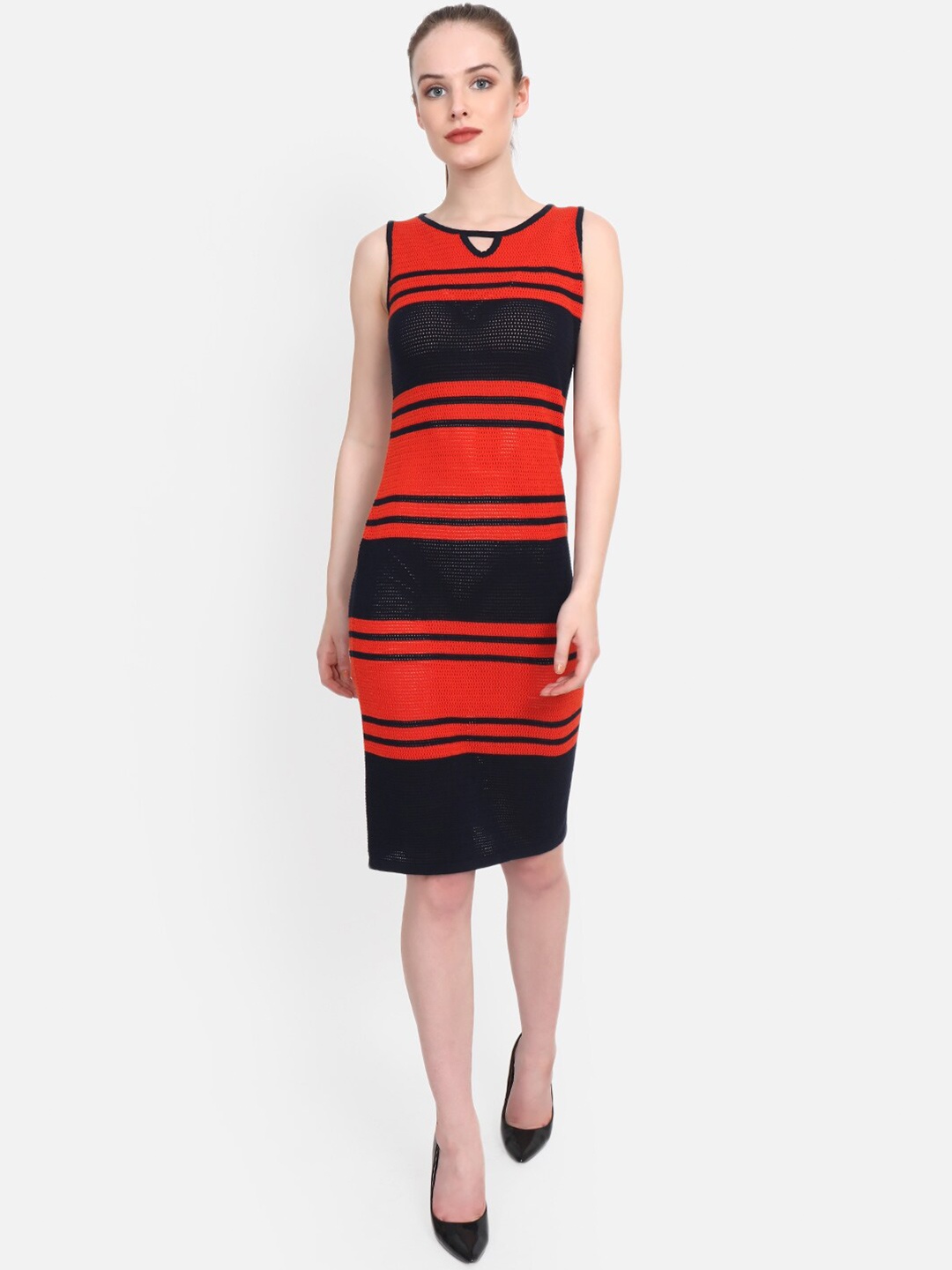 

JoE Hazel Striped Keyhole Neck Formal Cotton Sheath Dress, Orange