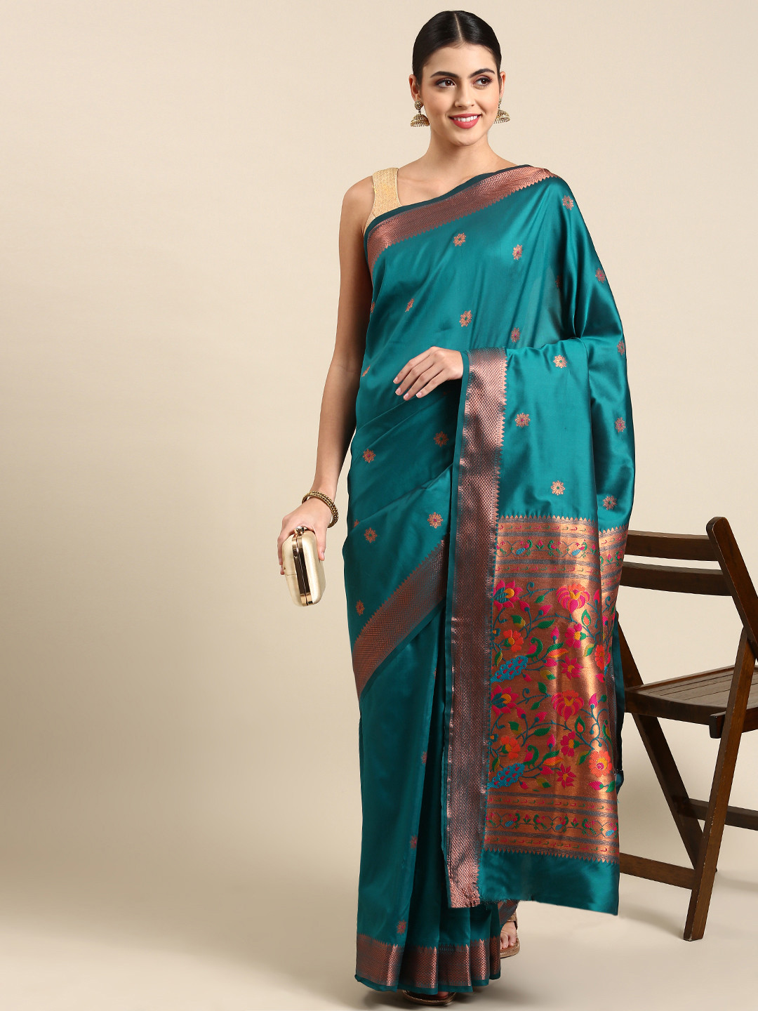 

Mitera Ethnic Motifs Silk Blend Paithani Saree, Teal