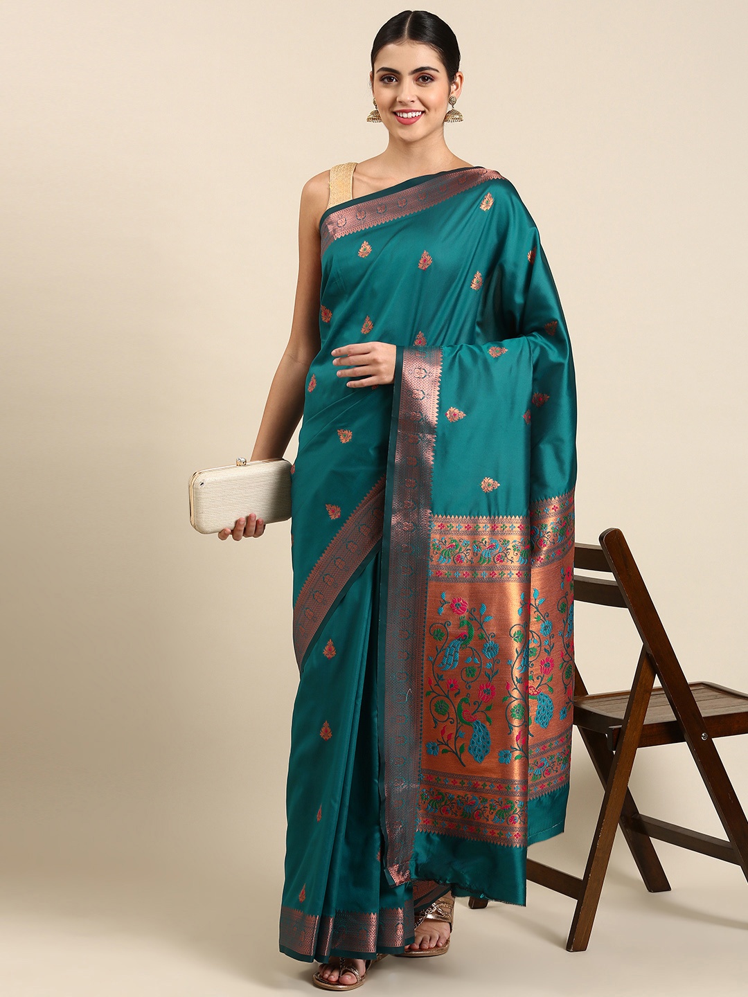 

Mitera Ethnic Motifs Silk Blend Paithani Saree, Teal