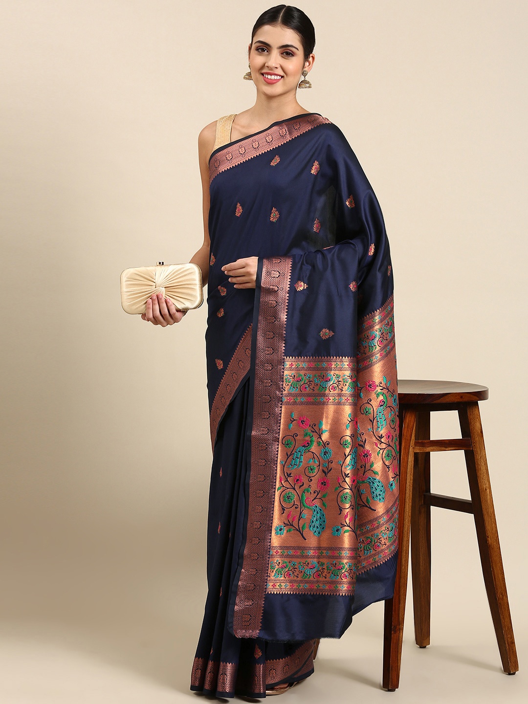 

Mitera Ethnic Motifs Silk Blend Paithani Saree, Navy blue
