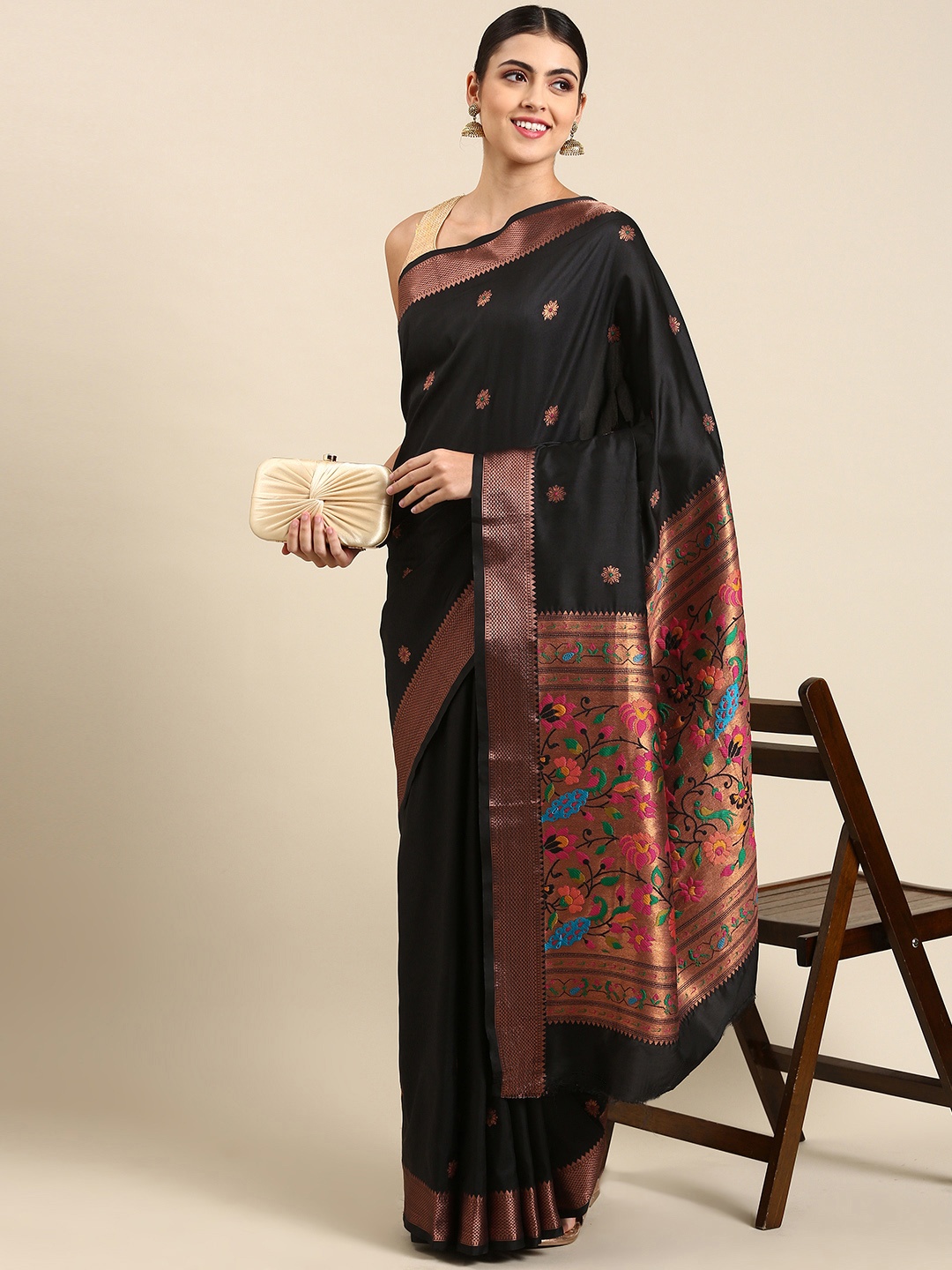 

Mitera Ethnic Motifs Silk Blend Paithani Saree, Black