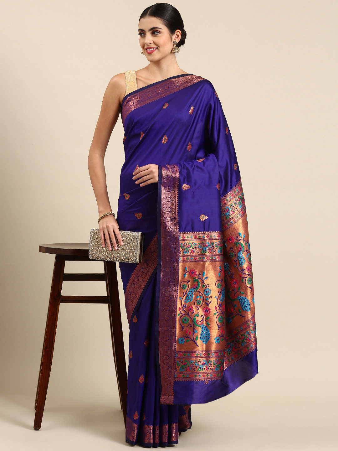 

Mitera Floral Silk Blend Paithani Saree, Blue