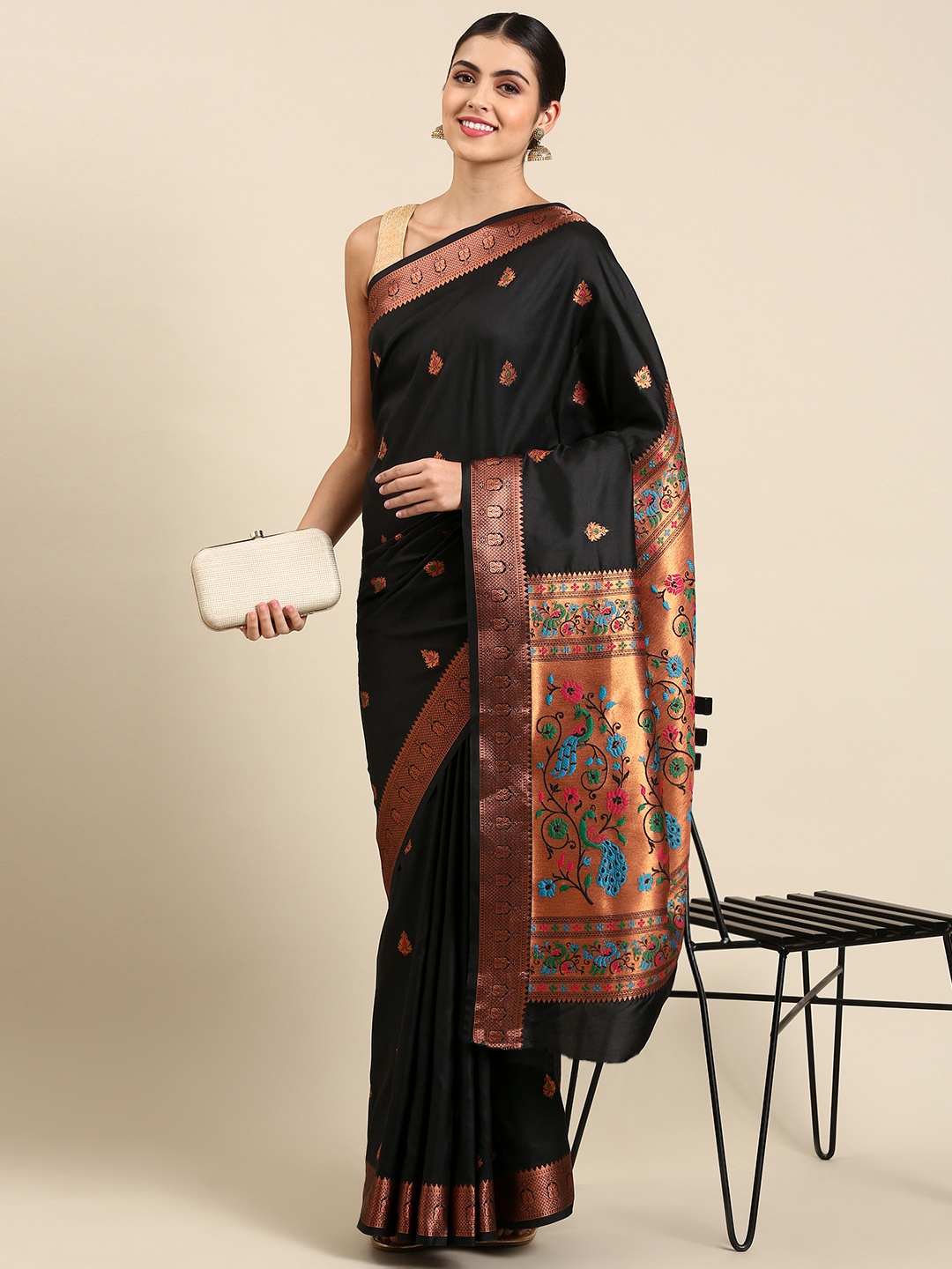 

Mitera Ethnic Motifs Silk Blend Paithani Saree, Black