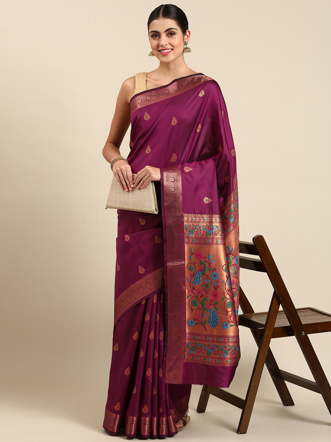 

Mitera Ethnic Motifs Silk Blend Paithani Saree, Purple