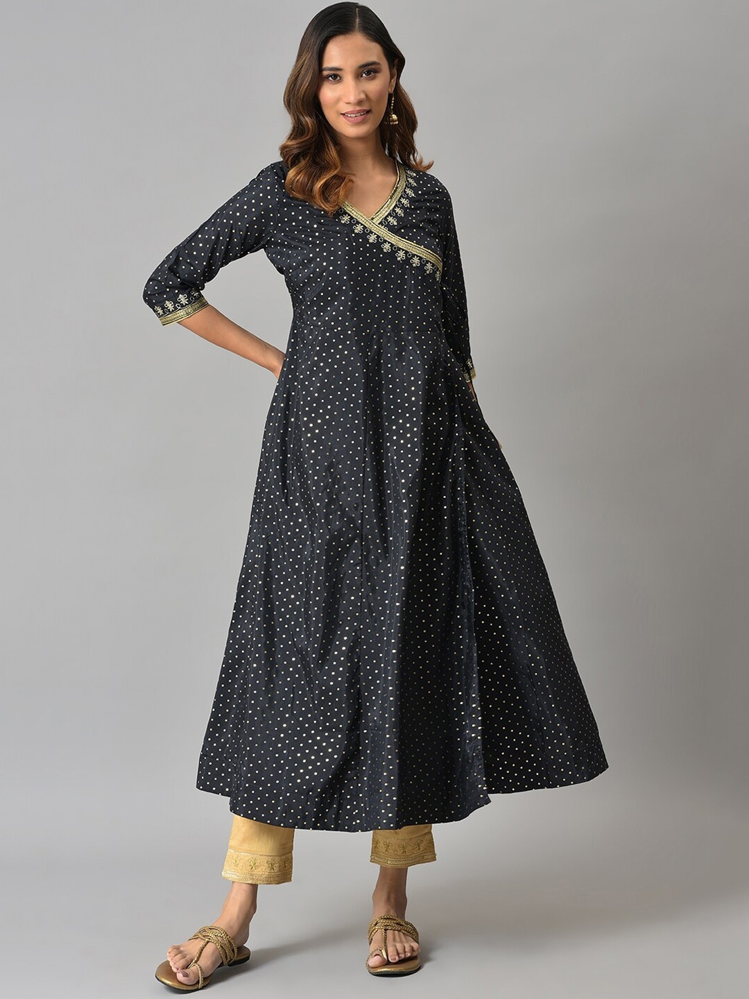 

AURELIA Festive Geometric Print Kurta, Navy blue