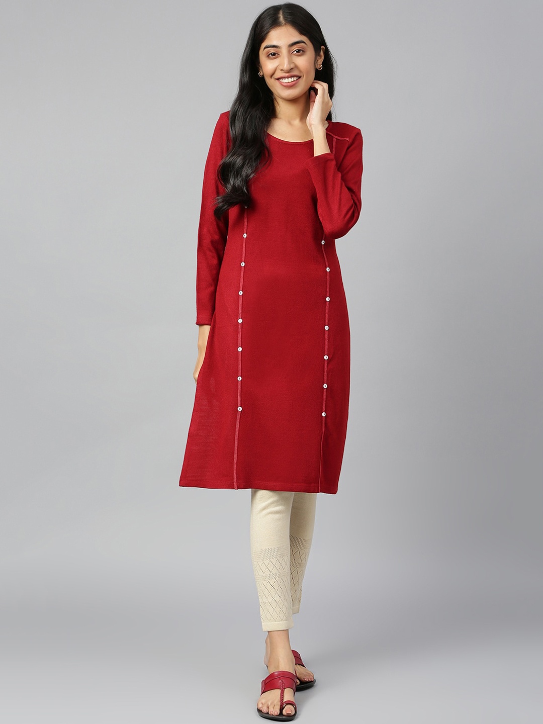 

AURELIA Round Neck Acrylic Kurta, Red