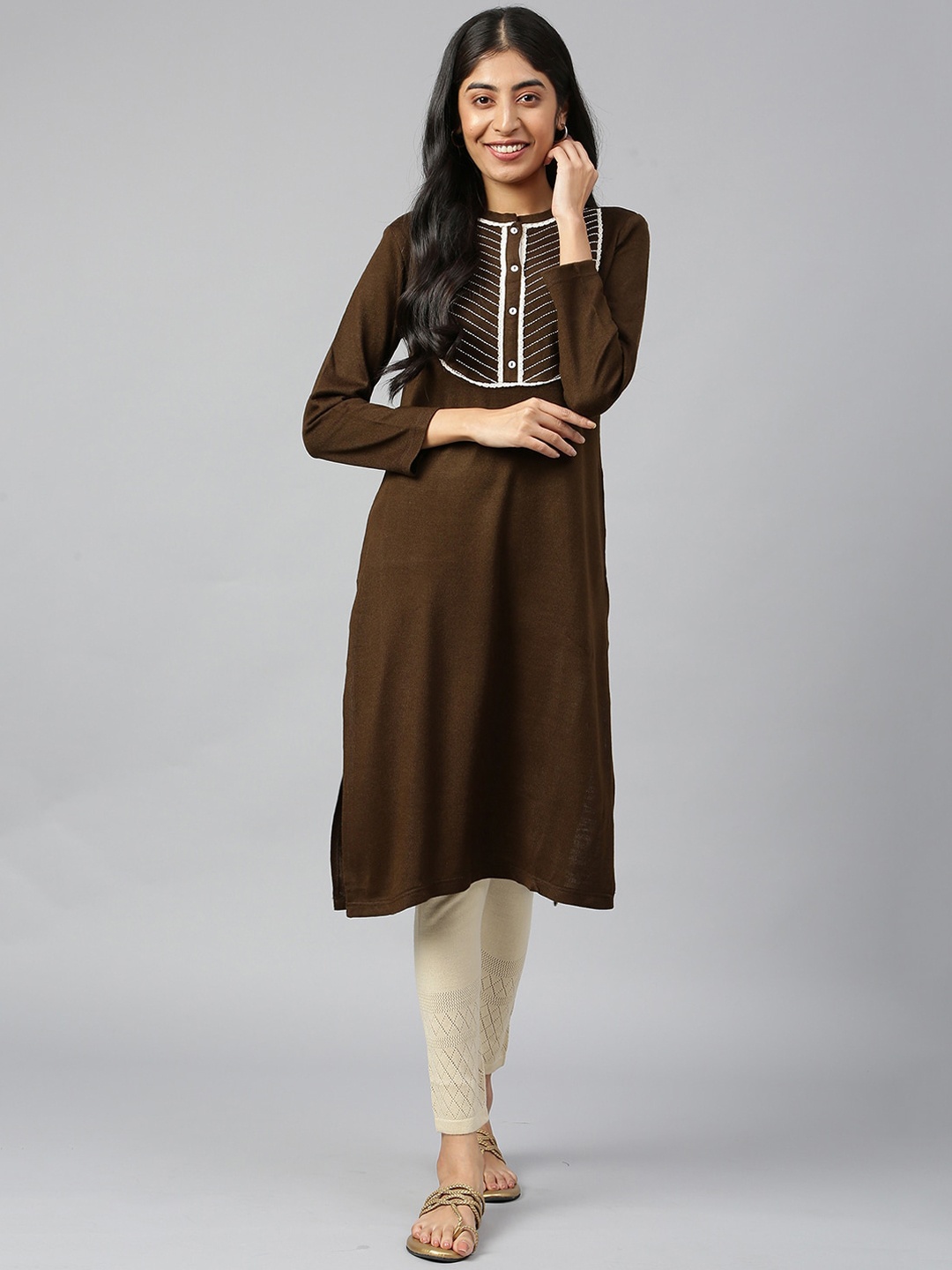 

AURELIA Long Sleeves Round Neck Kurta, Brown