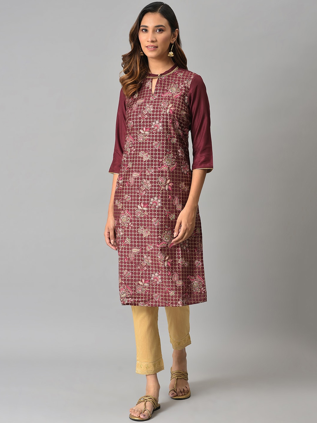 

AURELIA Women Floral Printed Keyhole Neck Block Print Kurta, Brown