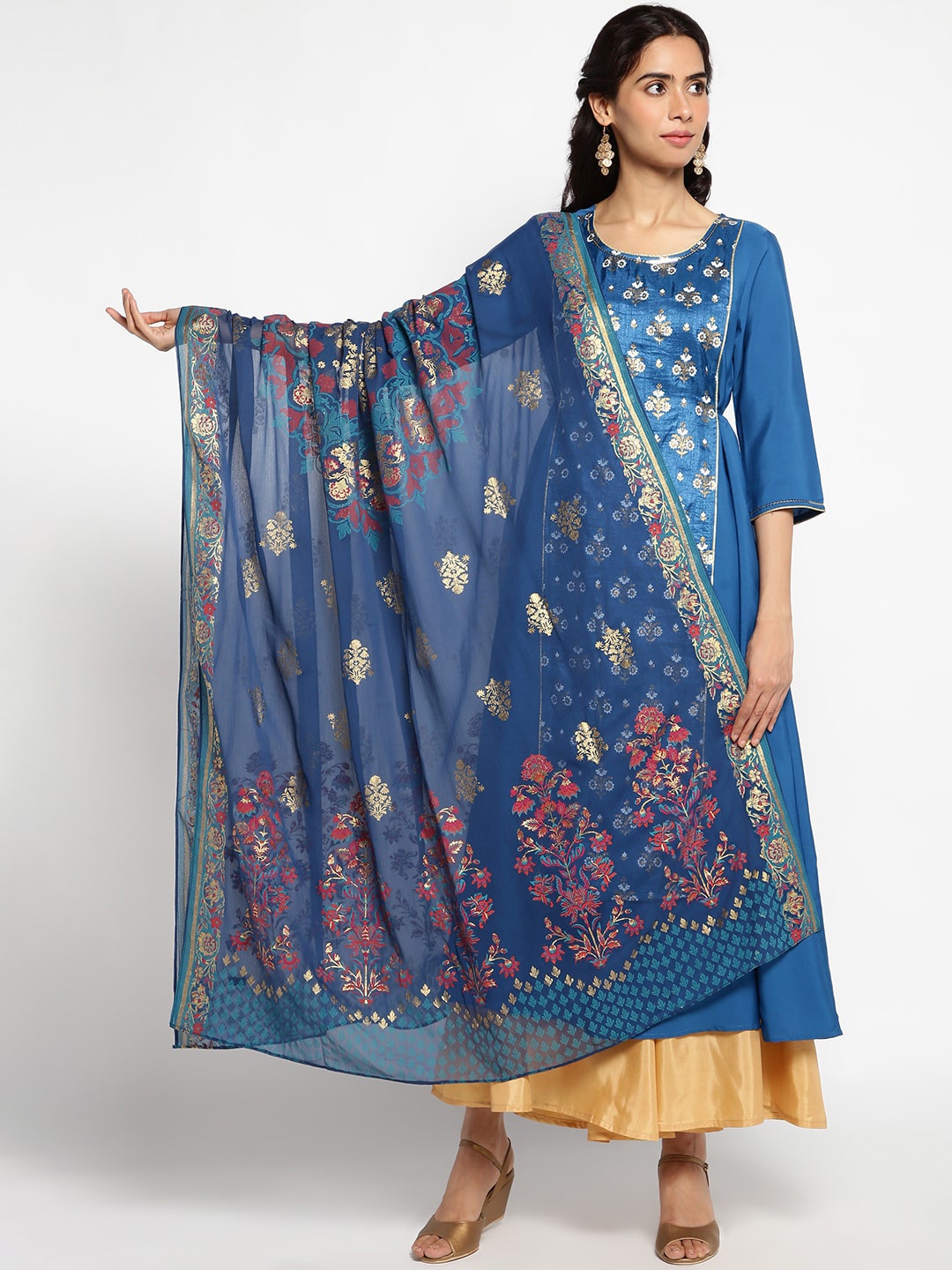 

AURELIA Printed Foil Print Dupatta with Mukaish, Blue