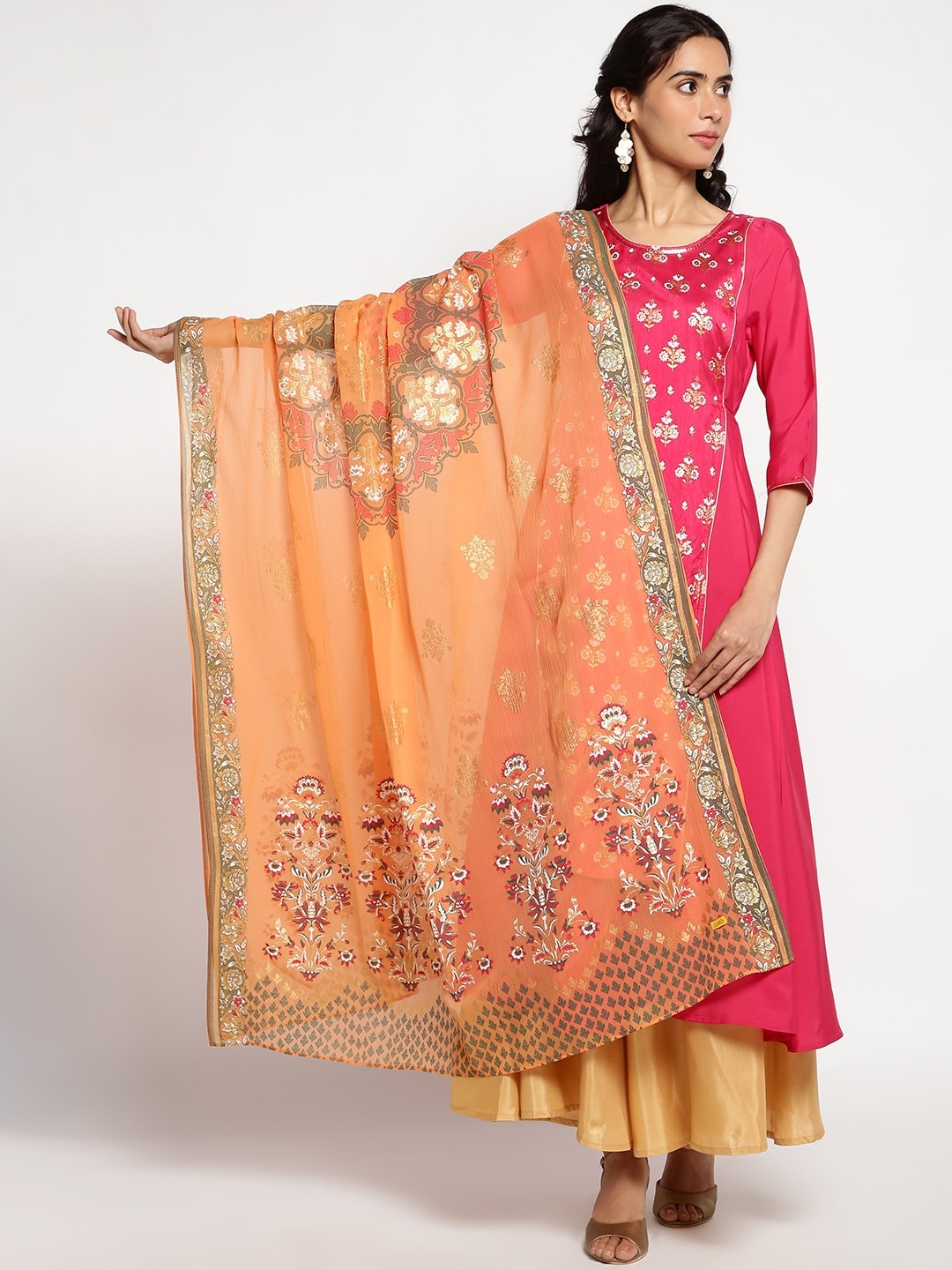 

AURELIA Ethnic Motifs Printed Foil Print Dupatta, Orange