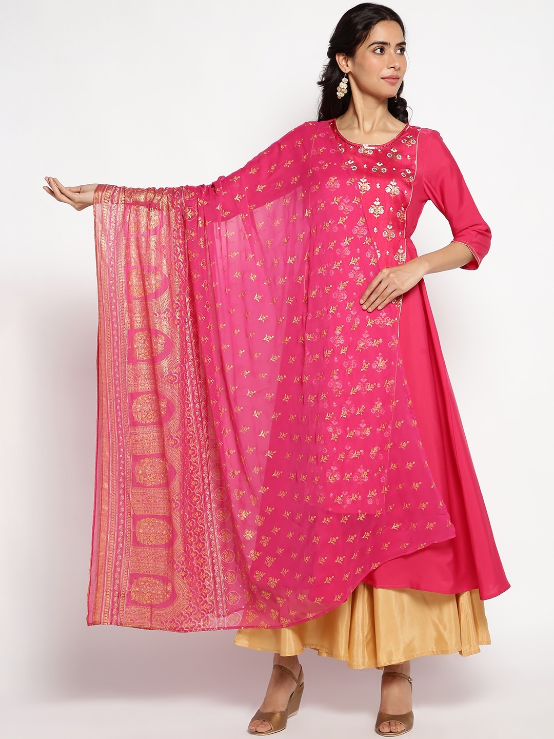 

AURELIA Ethnic Motifs Printed Foil Print Dupatta, Pink