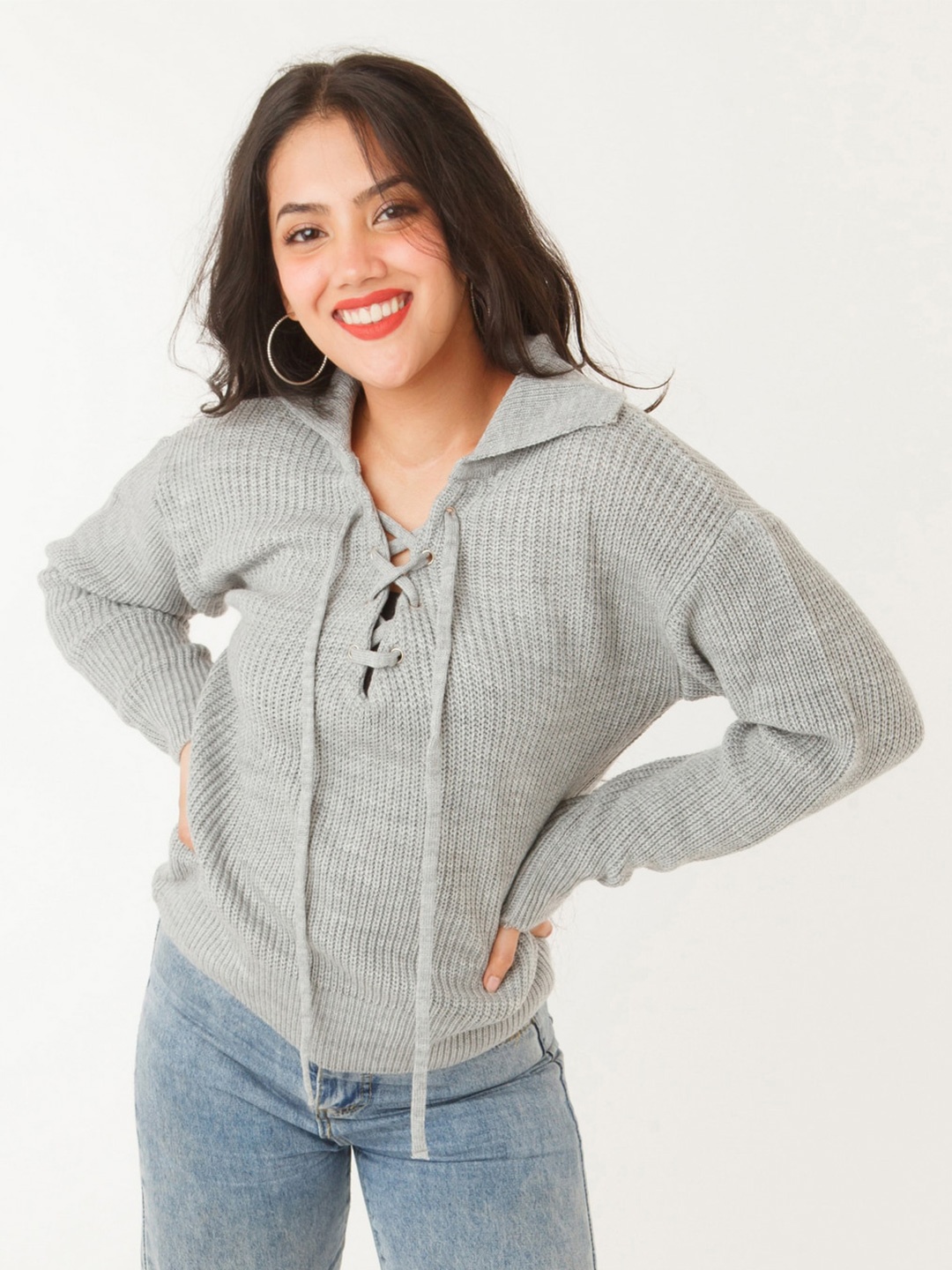 

Zink London Women Self Design Acrylic Pullover, Grey