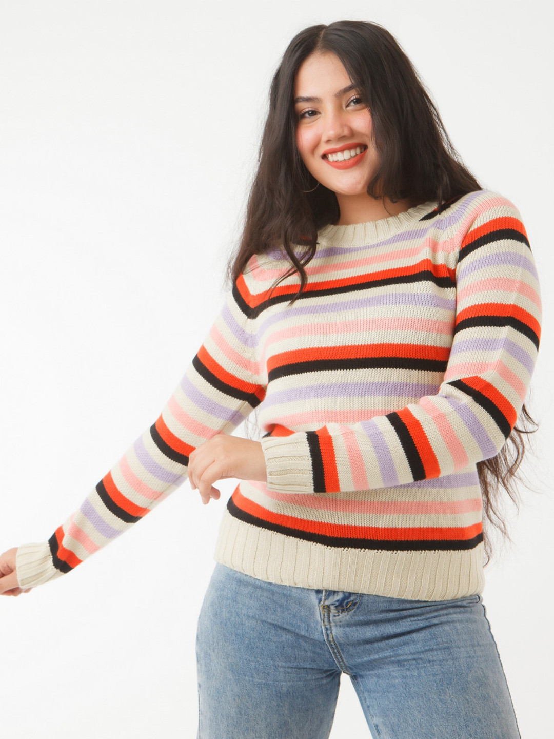 

Zink London Women Striped Acrylic Pullover, Beige
