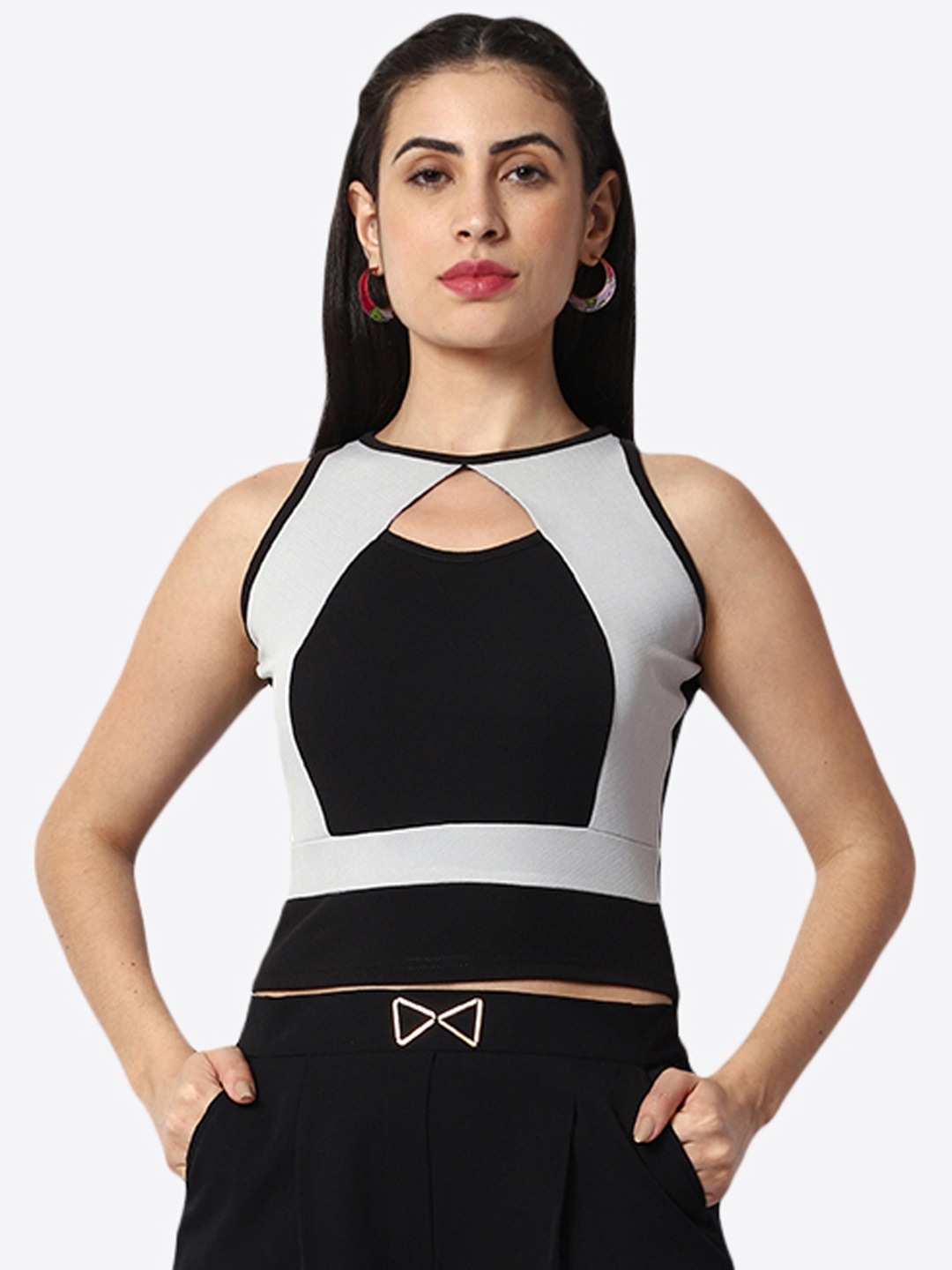 

Prettify Colourblocked Boat Neck Fitted Crop Top, Black