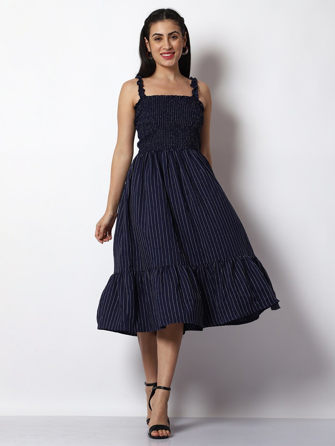 

Prettify Shoulder Straps Fit And Flare Cotton Midi Dress, Navy blue