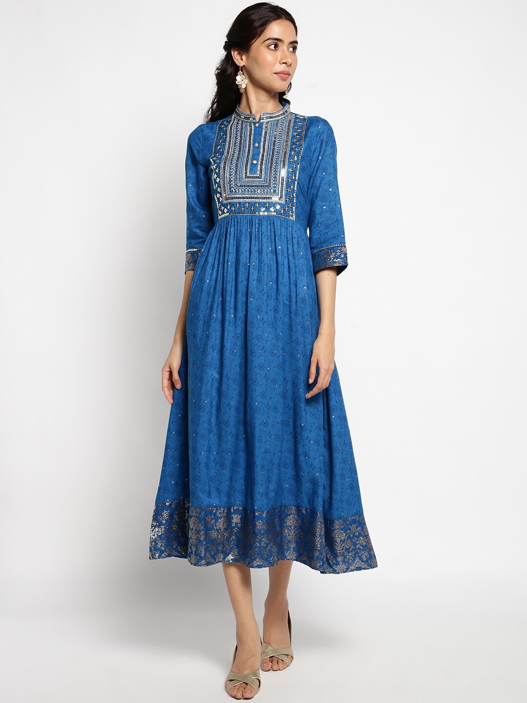 

AURELIA Ethnic Motifs Chiffon Ethnic Dress, Blue