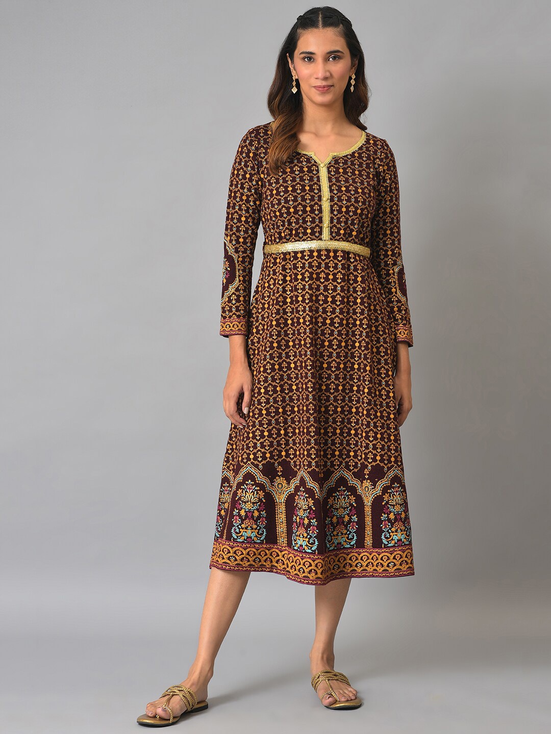 

AURELIA Ethnic Motifs A-Line Midi Dress, Brown