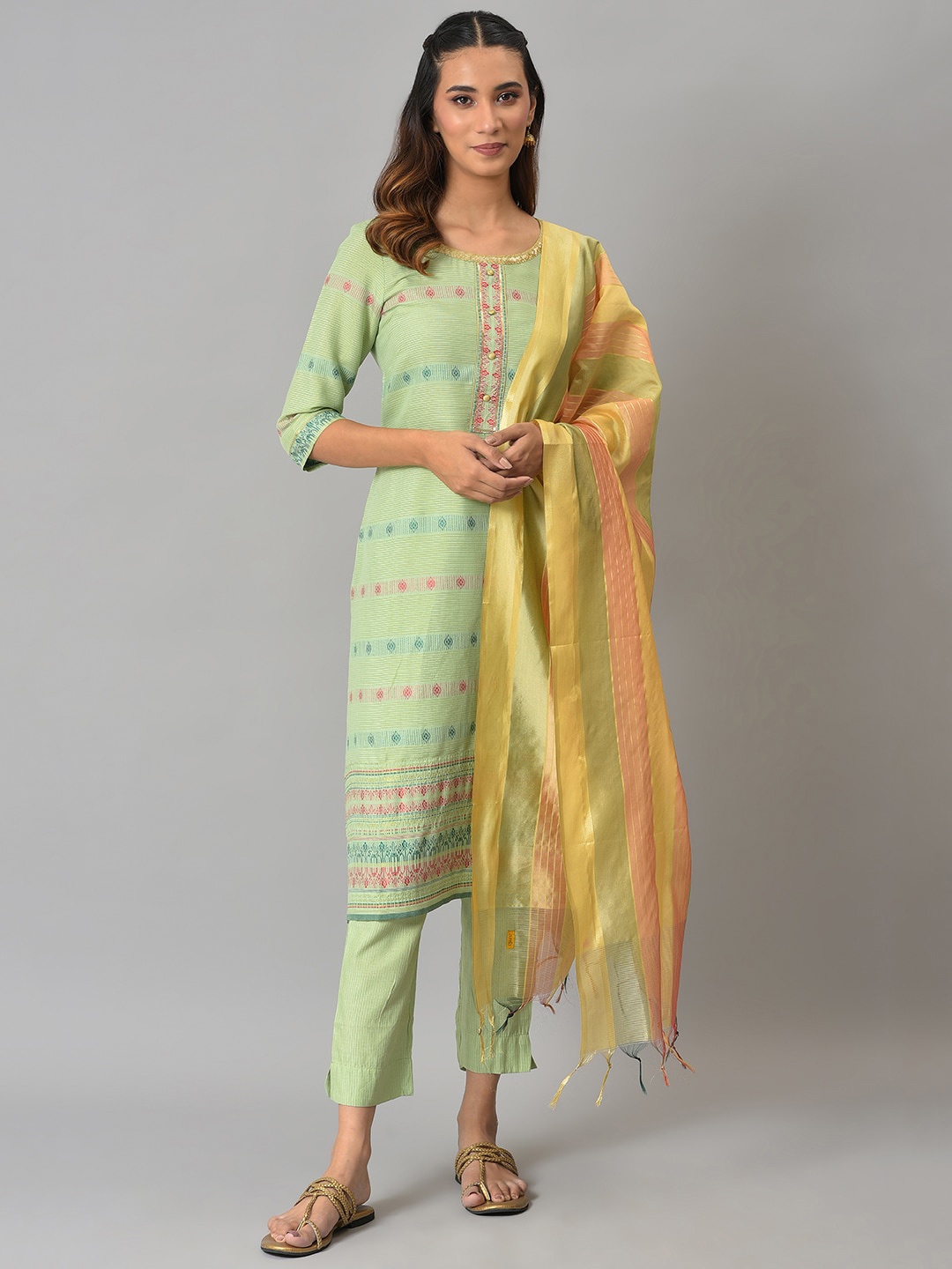 

Aurelia Women Green Geometric Print Rayon Kurta Set with Trousers & Dupatta