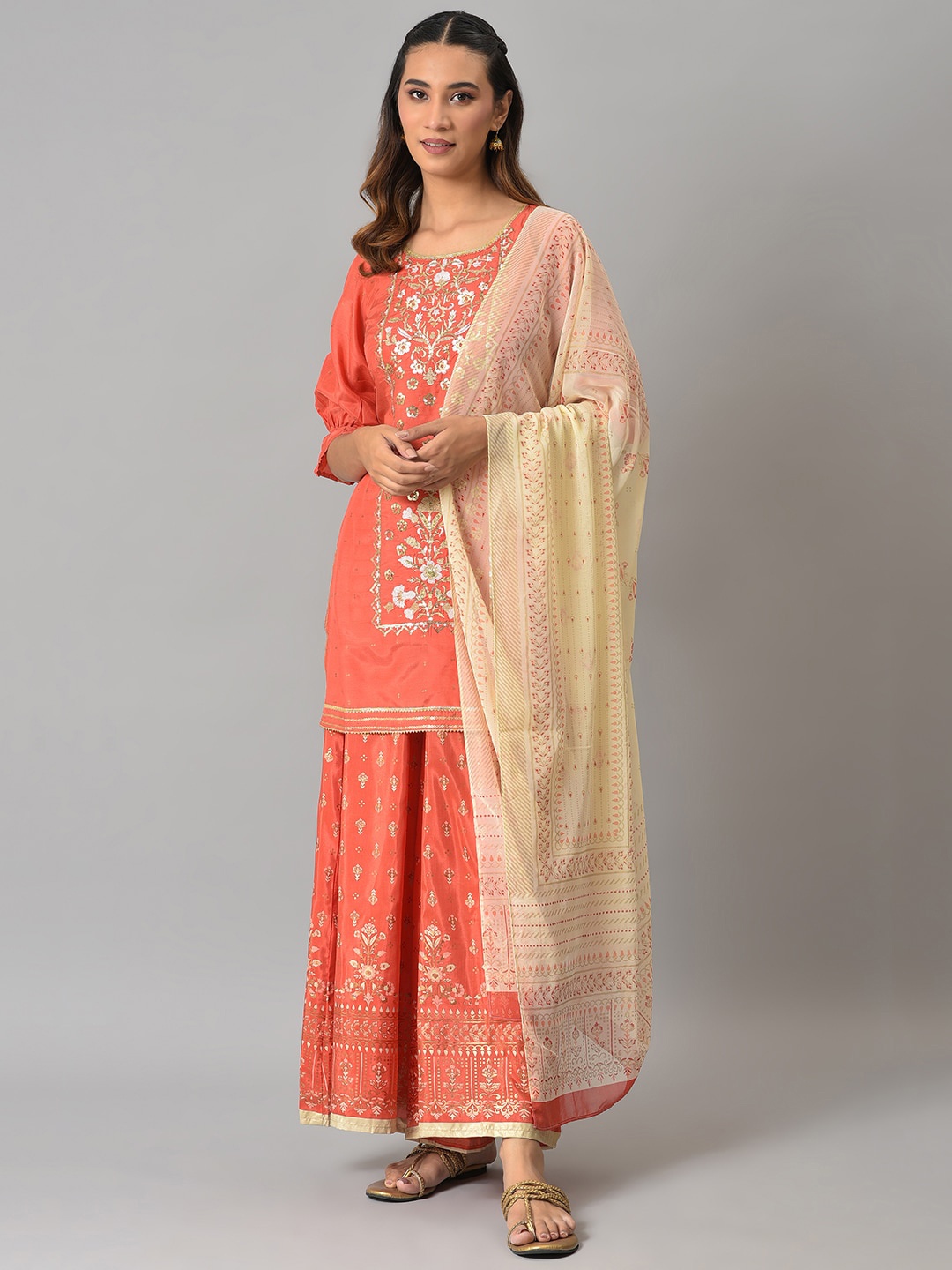 

AURELIA Ethnic Motifs Embroidered Kurta With Skirt & Dupatta, Peach