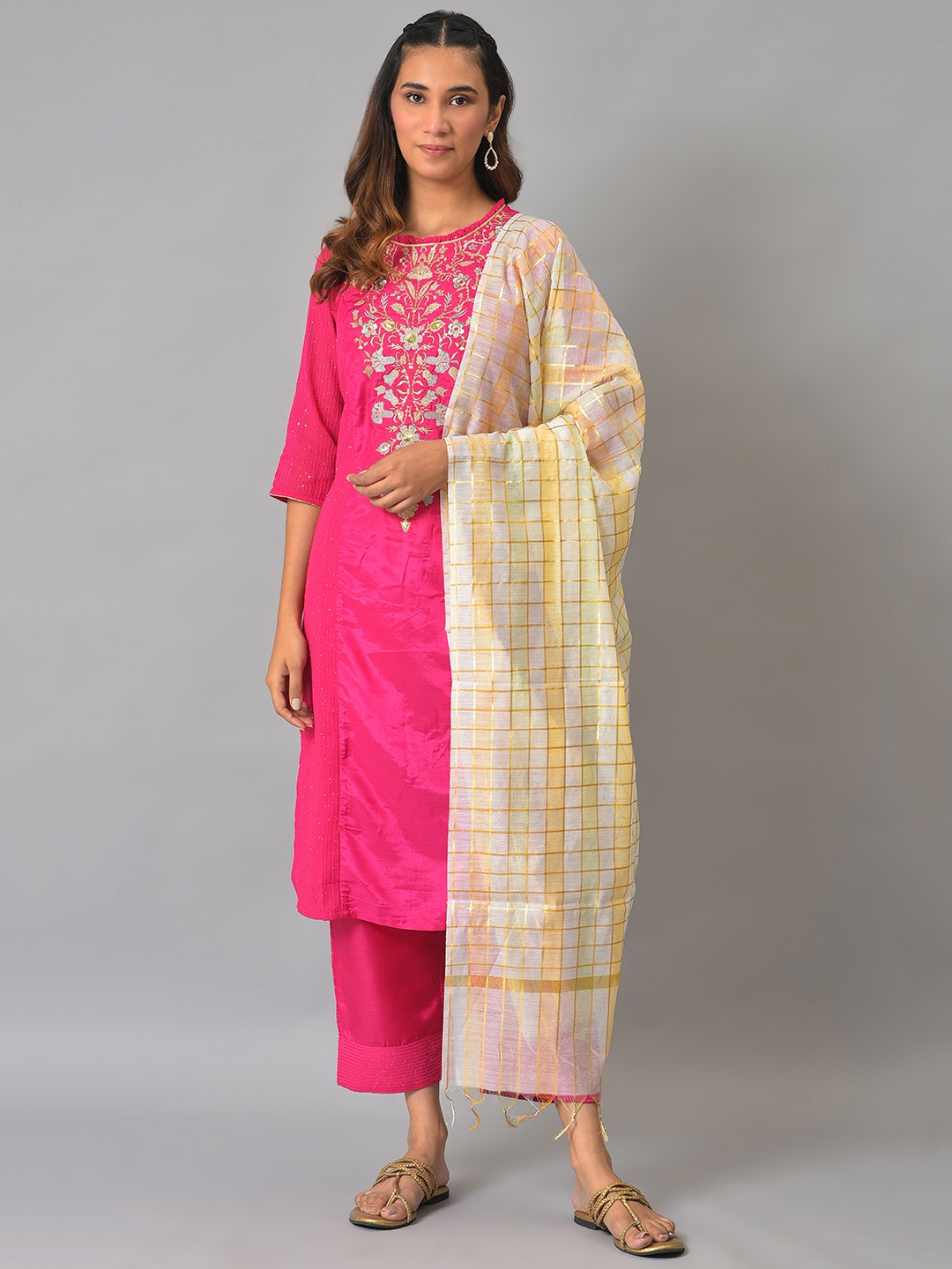 

AURELIA Floral Embroidered Zari Kurta with Trousers & Dupatta, Pink