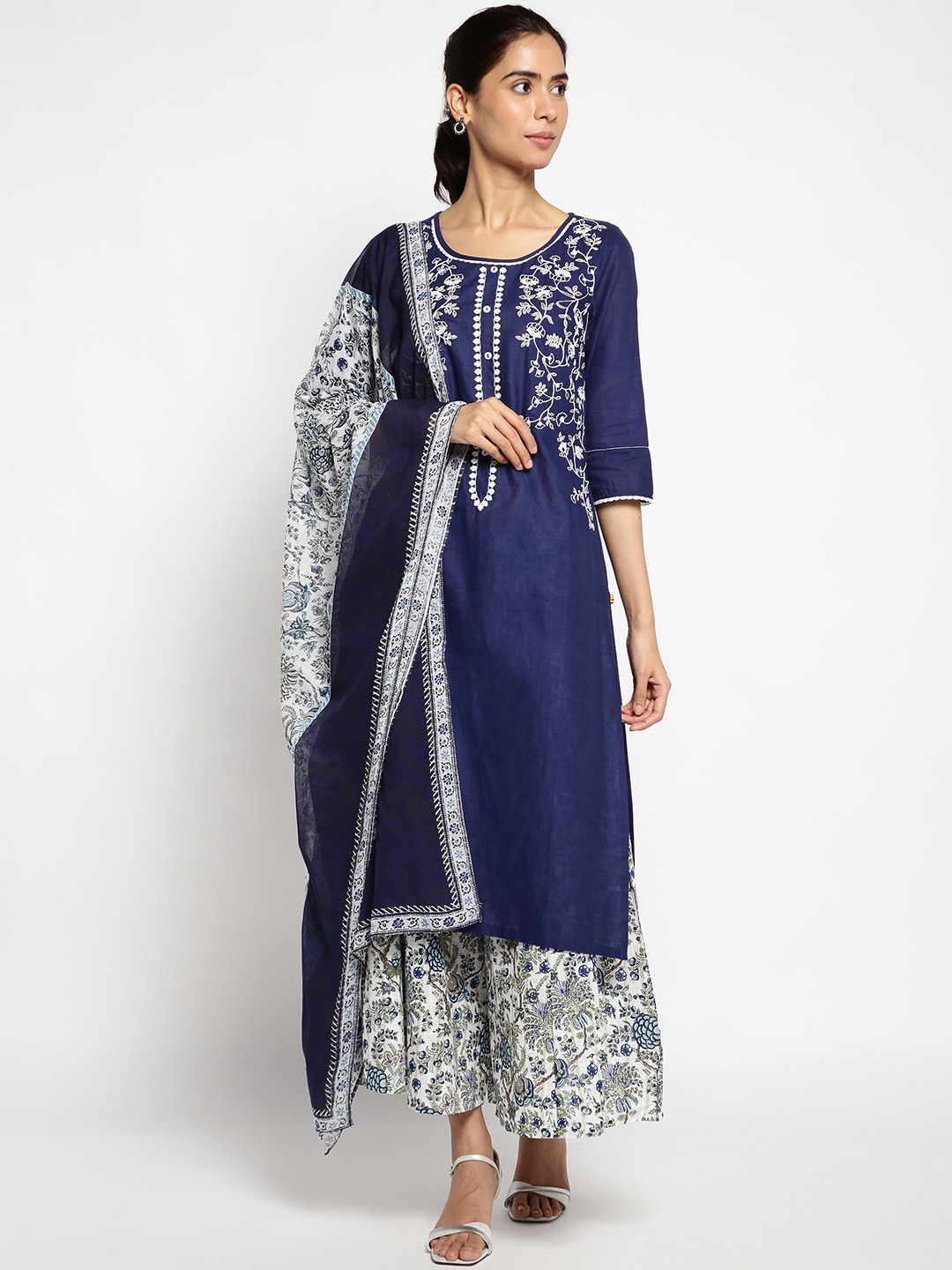 

AURELIA Women Blue Ethnic Motifs Embroidered Kurta with Palazzos & Dupatta