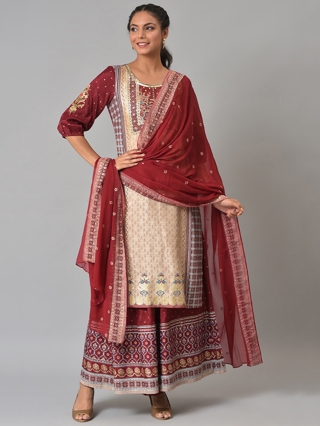 

AURELIA Women Red Ethnic Motifs Printed Kurta with Sharara & With Dupatta
