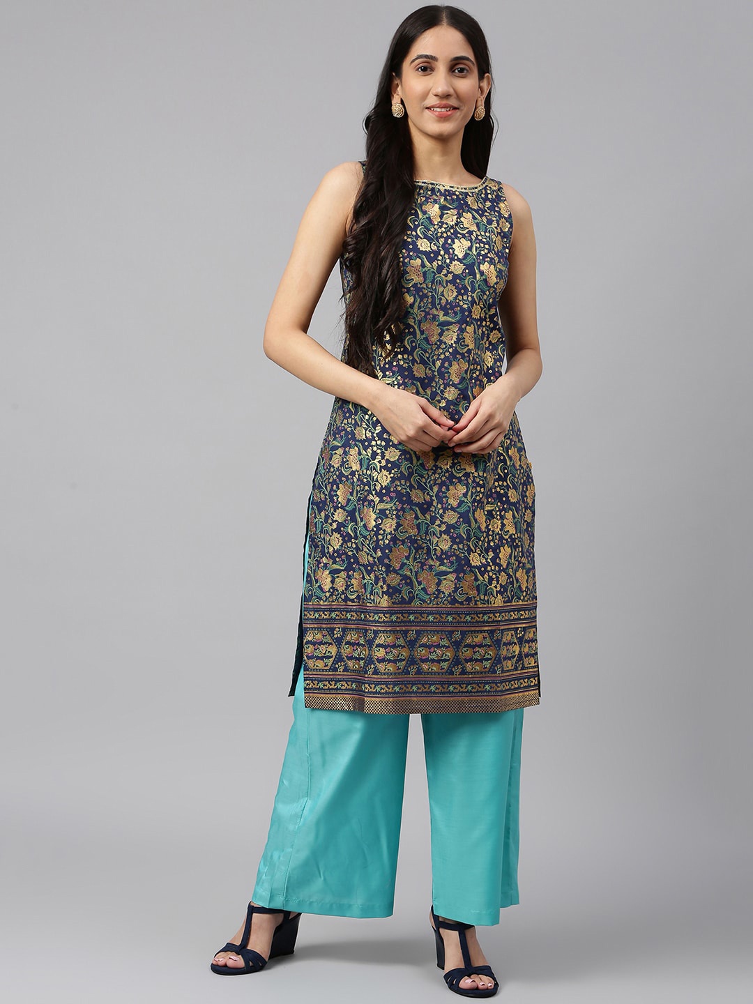 

Aurelia Women Blue Floral Print Poly Voile Kurta Set with Palazzos