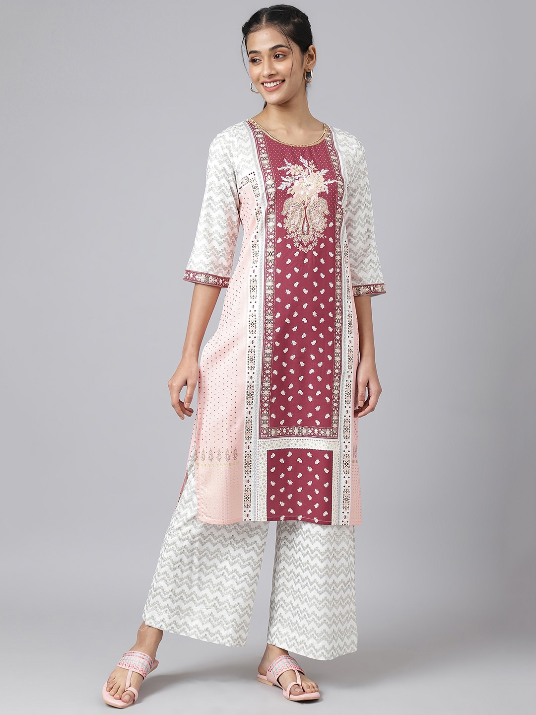 

AURELIA Women Red Ethnic Motifs Printed Thread Work Kurta with Palazzos