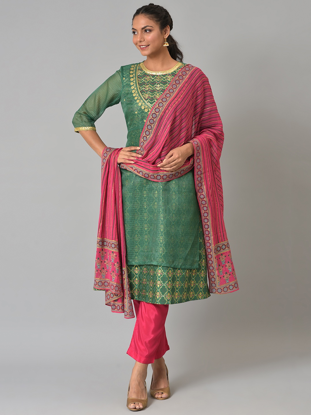 

Aurelia Women Green Floral Print Poly Kota Kurta Set with Trousers & Dupatta