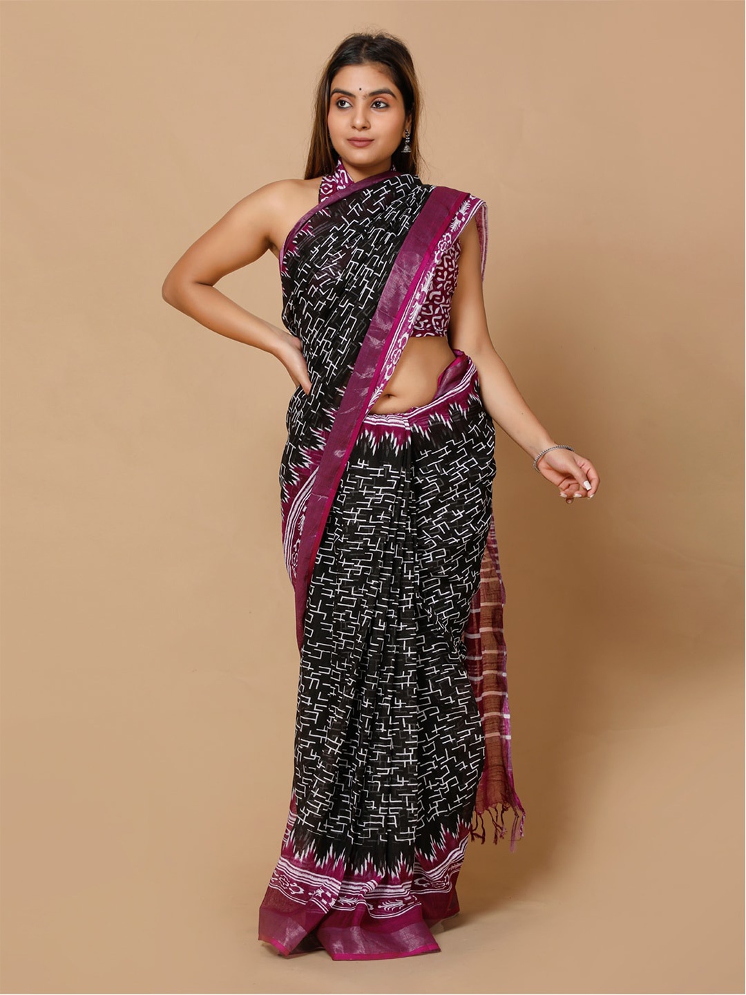 

BUTA BUTI Geometric Printed Zari Saree, Black