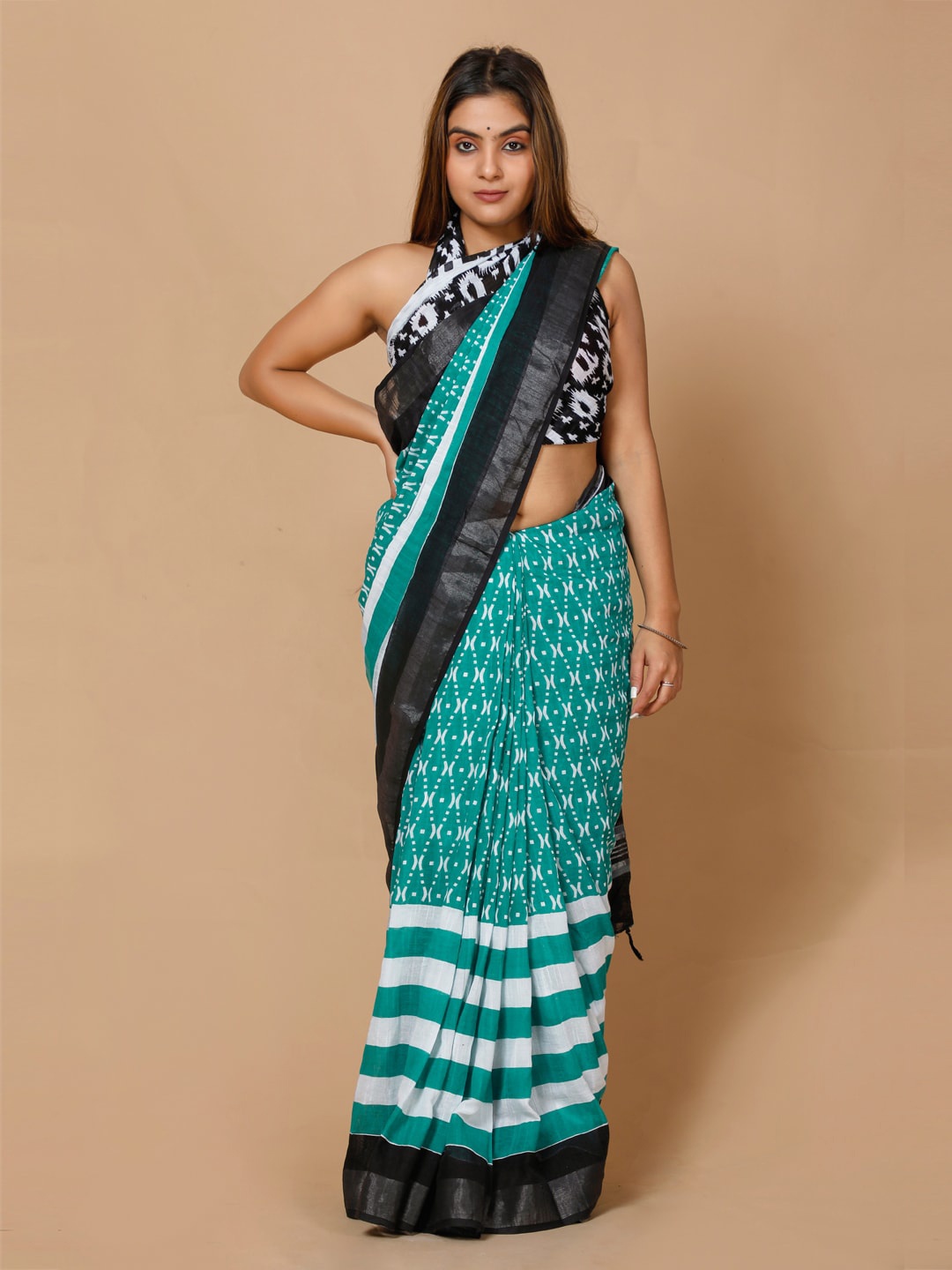 

BUTA BUTI Pure Cotton Zari Ready to Wear Saree, Green