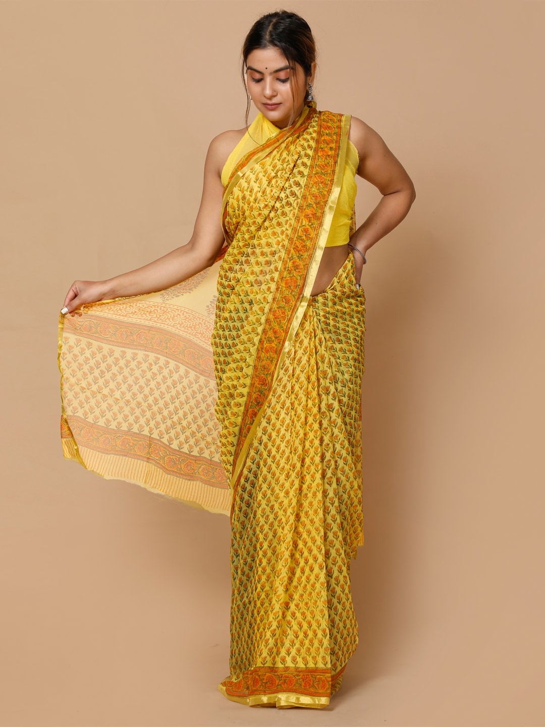 

BUTA BUTI Ethnic Motifs Zari Pure Cotton Saree, Yellow