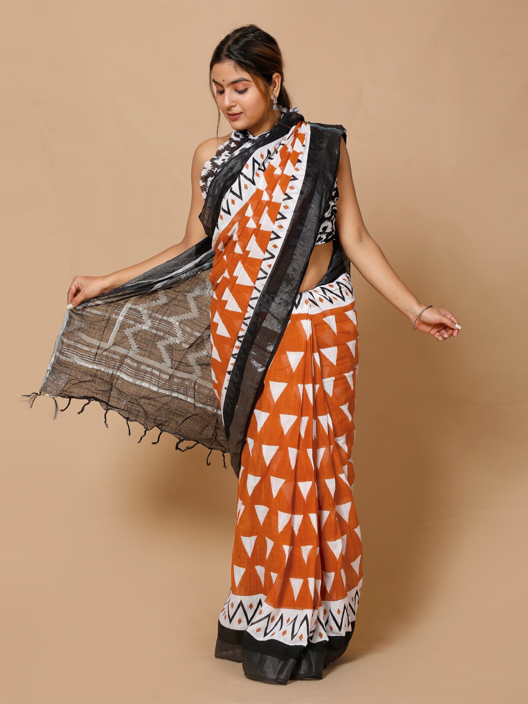 

BUTA BUTI Geometric Zari Saree, Orange