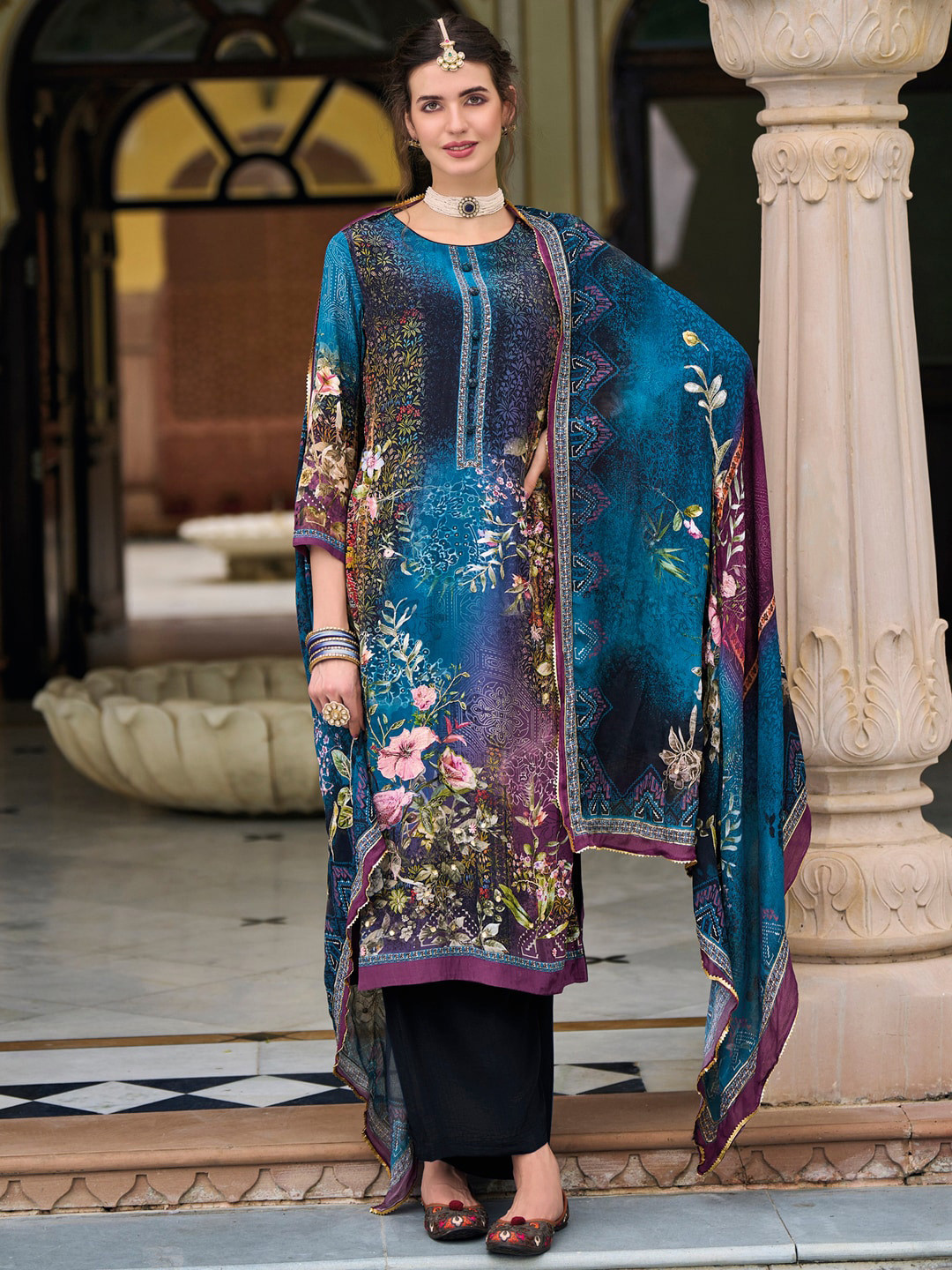 

Stylee LIFESTYLE Printed Pure Crepe Unstitched Dress Material, Blue