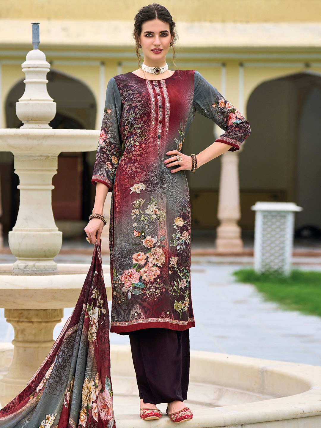 

Stylee LIFESTYLE Printed Pure Crepe Unstitched Dress Material, Maroon